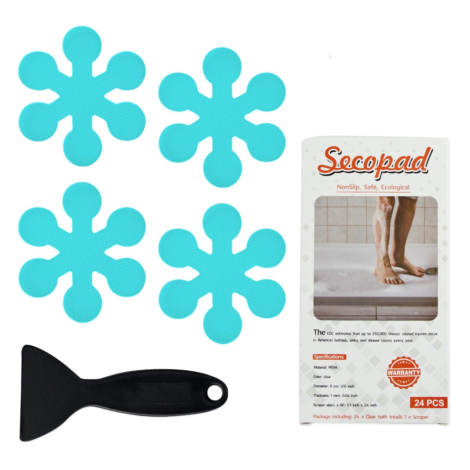 Secopad Bathtub Stickers Non-Slip, 24 Pcs Safety Shower Treads Adhesive Appliques With Premium Scraper (Blue)