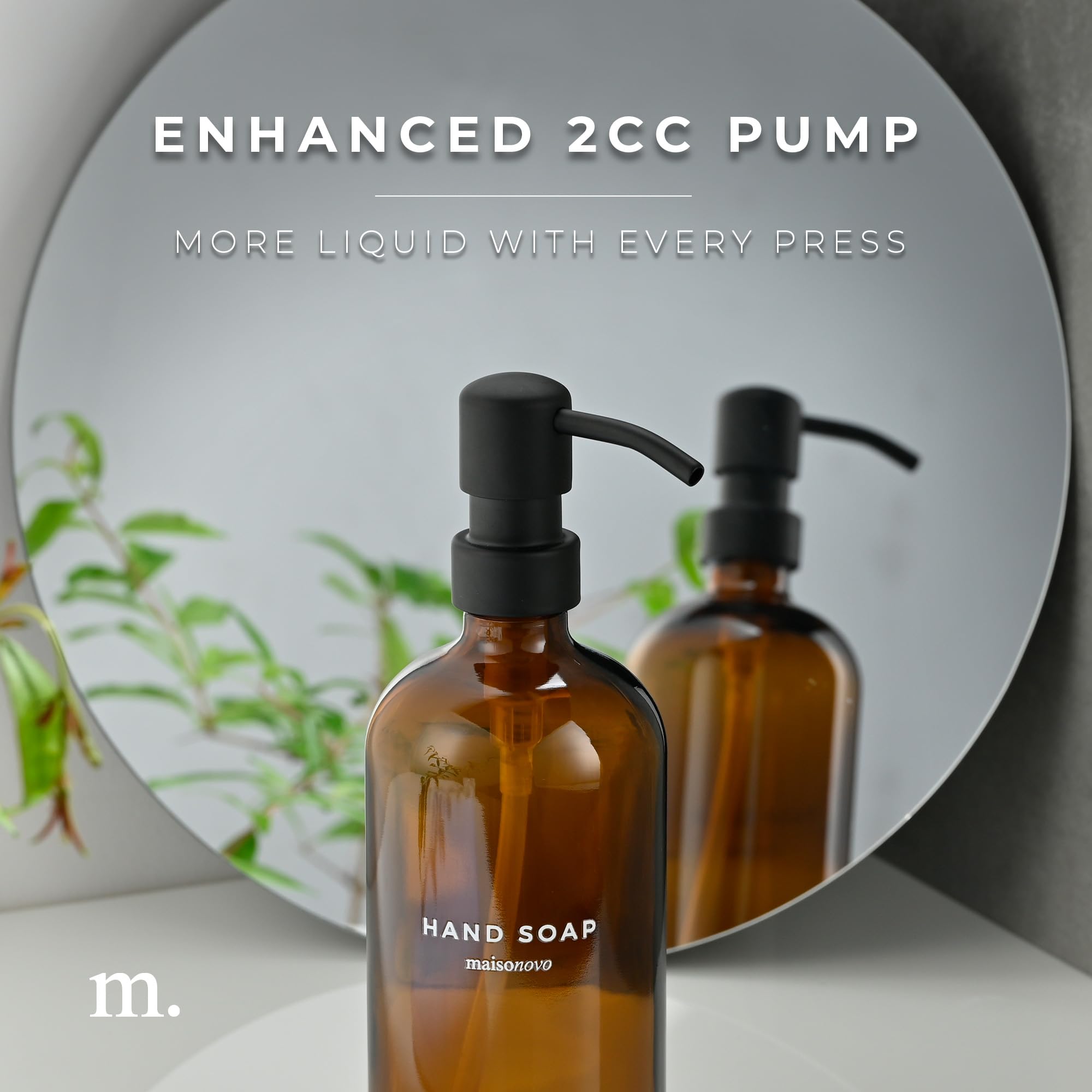 MaisoNovo Glass Soap Dispenser with Pump | Bathroom and Kitchen Vintage Dispenser Set with Dish Soap  Hand Soap  Lotion Waterproof Labels | Amber Bottles Black Pumps - Set of 2