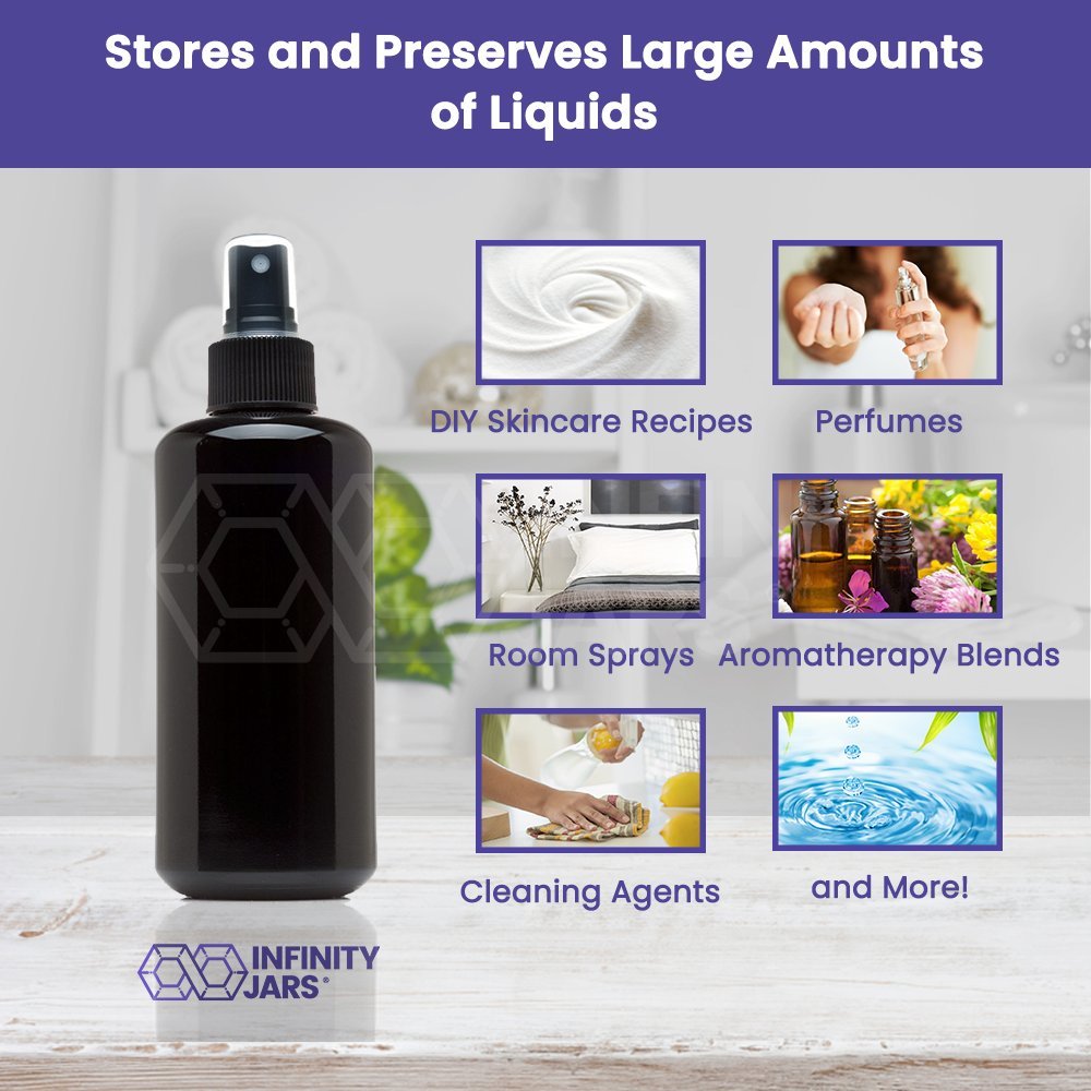 Infinity Jars 200 Ml (6.7 Fl Oz) Black Ultraviolet Glass Fine Mist Spray Bottle Cleaning Products Refillable Containers Homemade