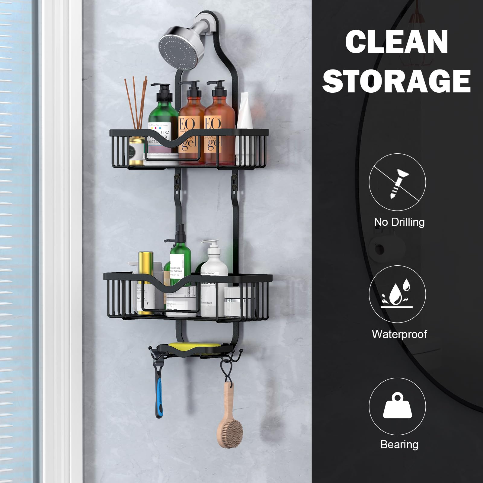 Kadolina Hanging Shower Caddy, Over Head Shower Caddy Shower Organizer Rack Basket With Soap Dish, Hooks For Razor And Sponge (M