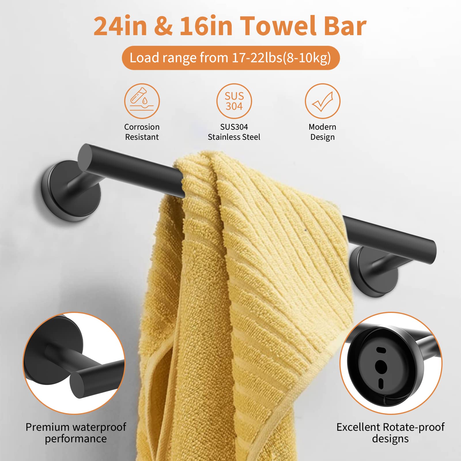 Cilee 10 Piece Matte Black Bathroom Hardware Set,2 Pack 5 Piece Bathroom Accessories Set Include 24 Inch,16 Inch Toilet Paper Ho