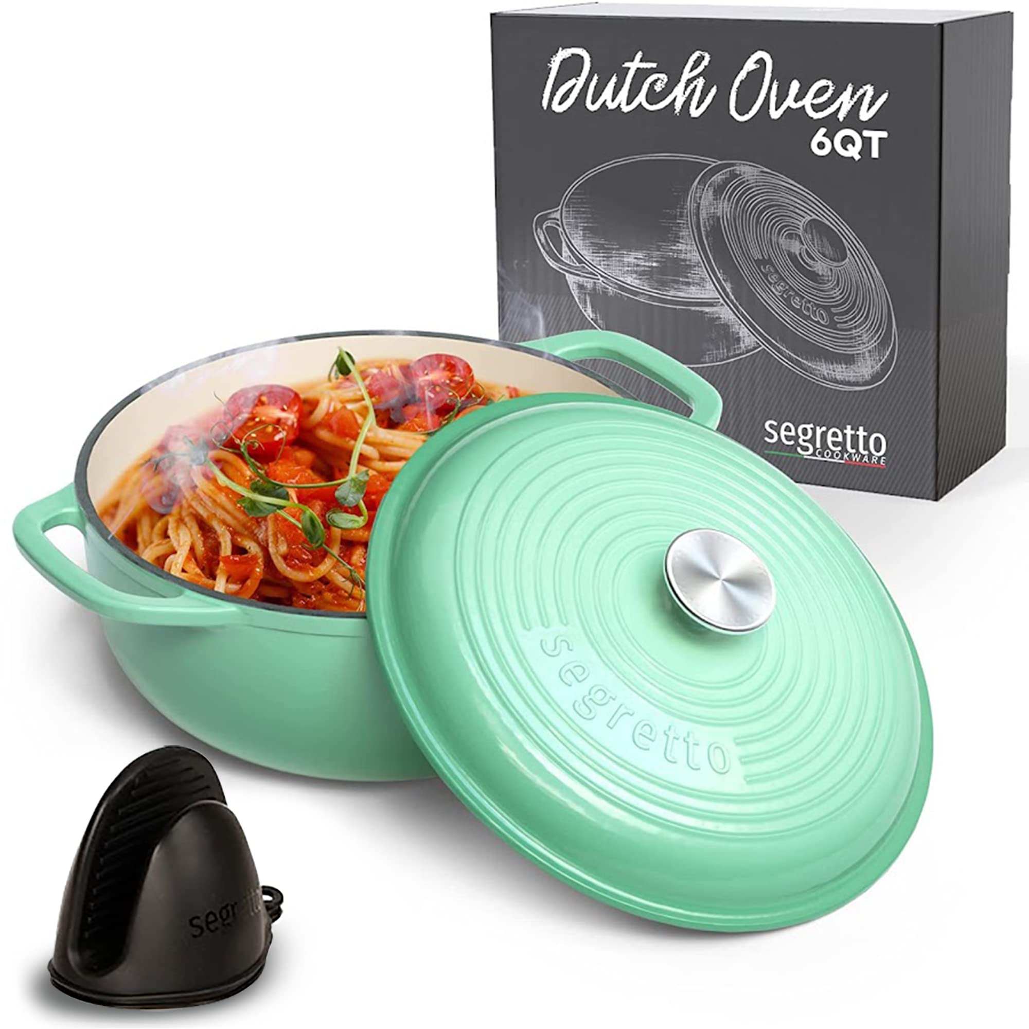 Segretto Cookware Enameled Cast Iron Dutch Oven With Handle, 6 Quarts, Verde Chiaro (Light Green) 6-Quarts Stovetop Oven Cast Ir