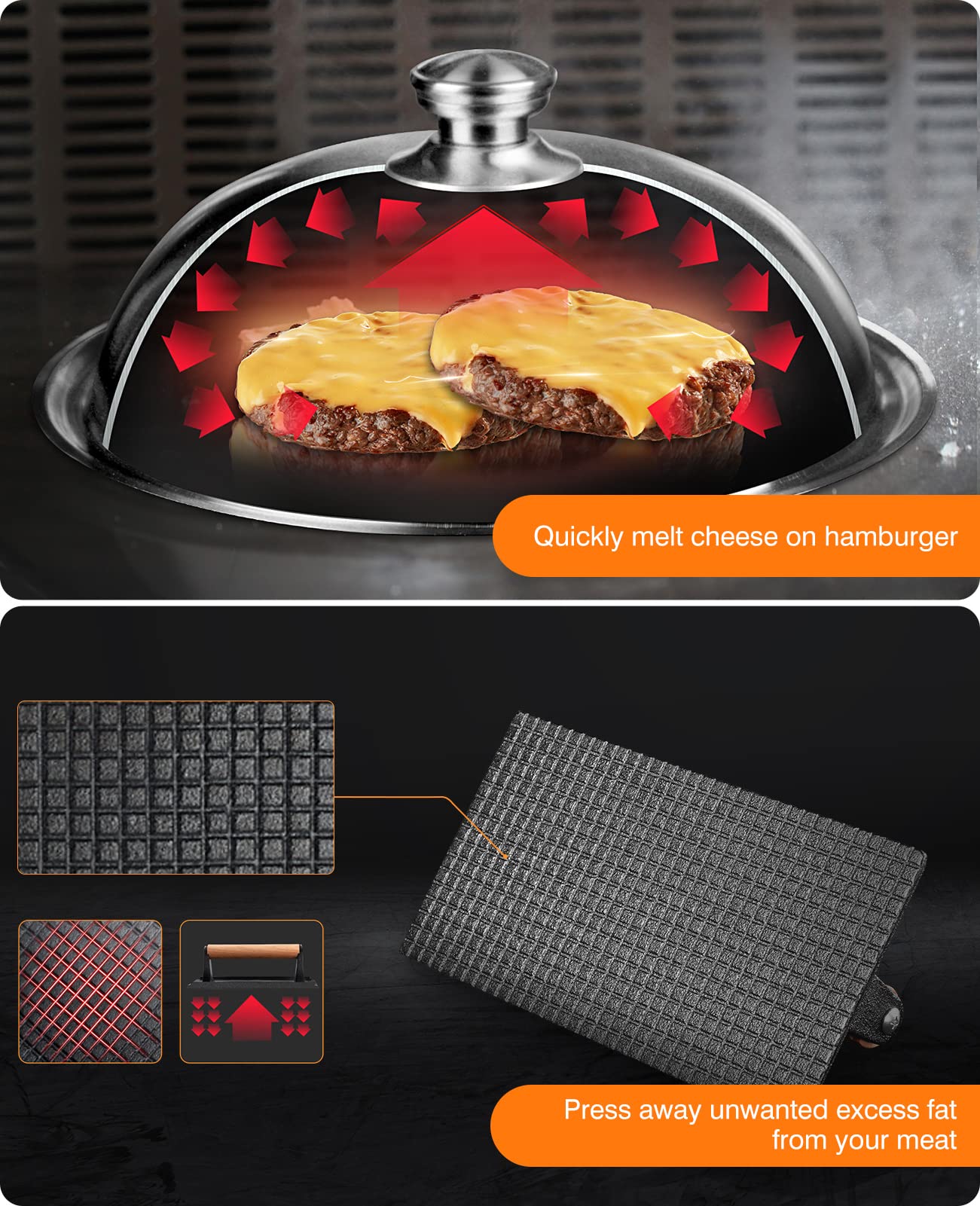 HOMENOTE Griddle Accessories for Blackstone  Commercial Grade 12 Inch Heavy Duty Melting Dome with Rectangle Cast Iron Smash Burger Press Perfect for Flat Top Hibachi Grill Indoor Outdoor