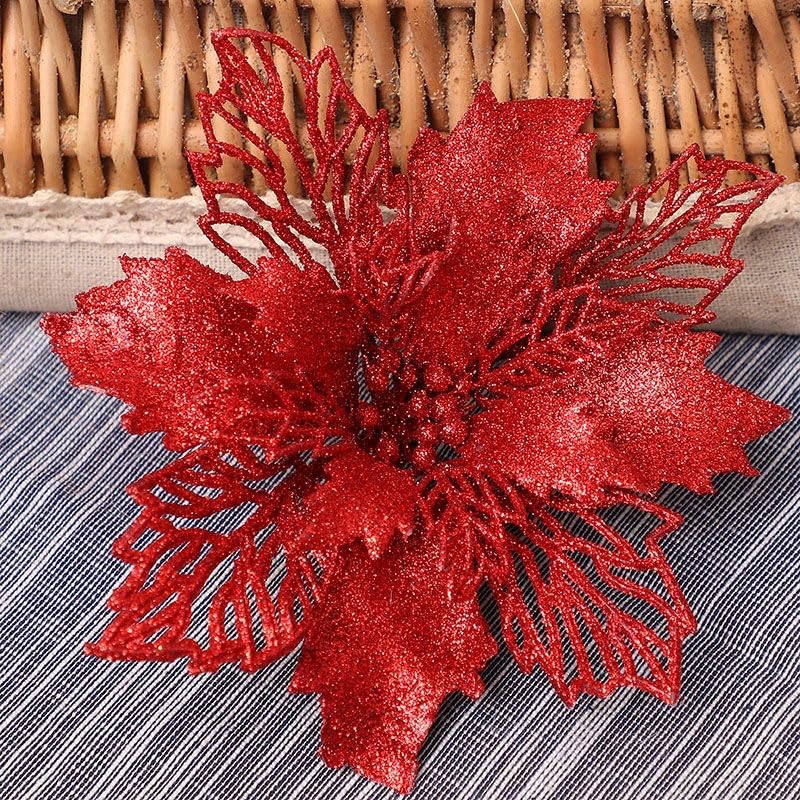 YYCRAFT Glitter Poinsettia Flowers 6 Inch for Christmas Tree Ornaments Christmas Decorations-12pcs,Red