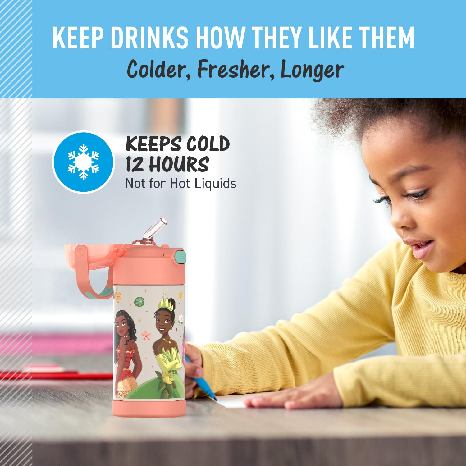 Thermos Funtainer Water Bottle With Straw - 12 Ounce, Princesses - Kids Stainless Steel Vacuum Insulated Water Bottle With Lid