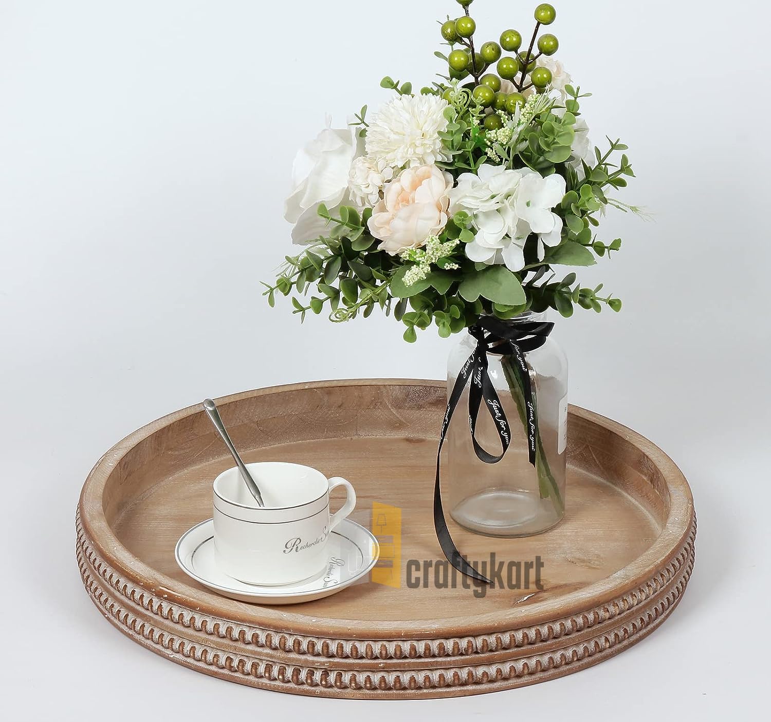 CRAFTYKART Round Wooden Serving Tray, Whitewashed Round Decorative Wood Tray, Round Farmhouse Rustic Decorative Tray, Perfect fo