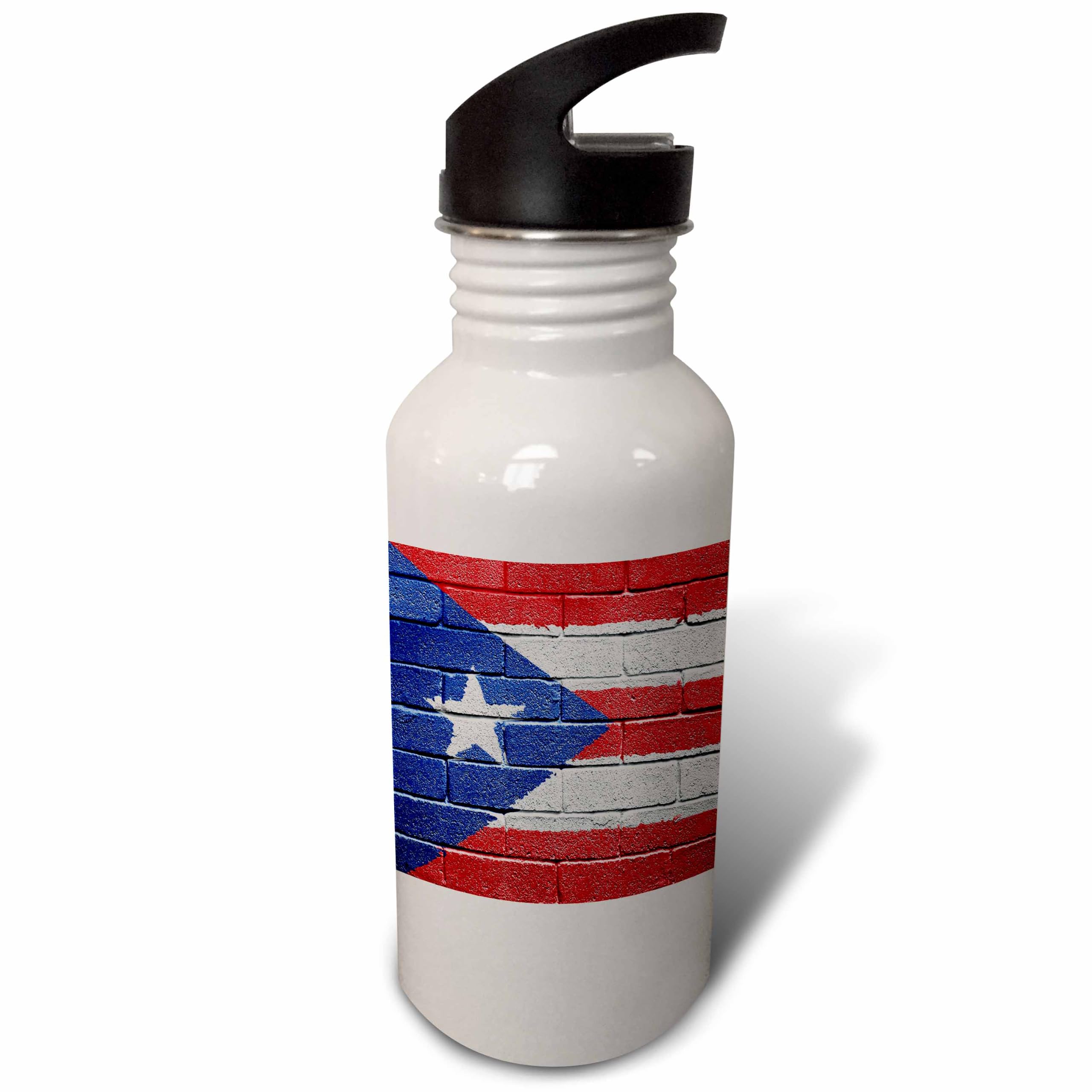 3dRose National flag of Puerto Rico painted onto a brick wall Rican Sports Water Bottle, 21 oz, White
