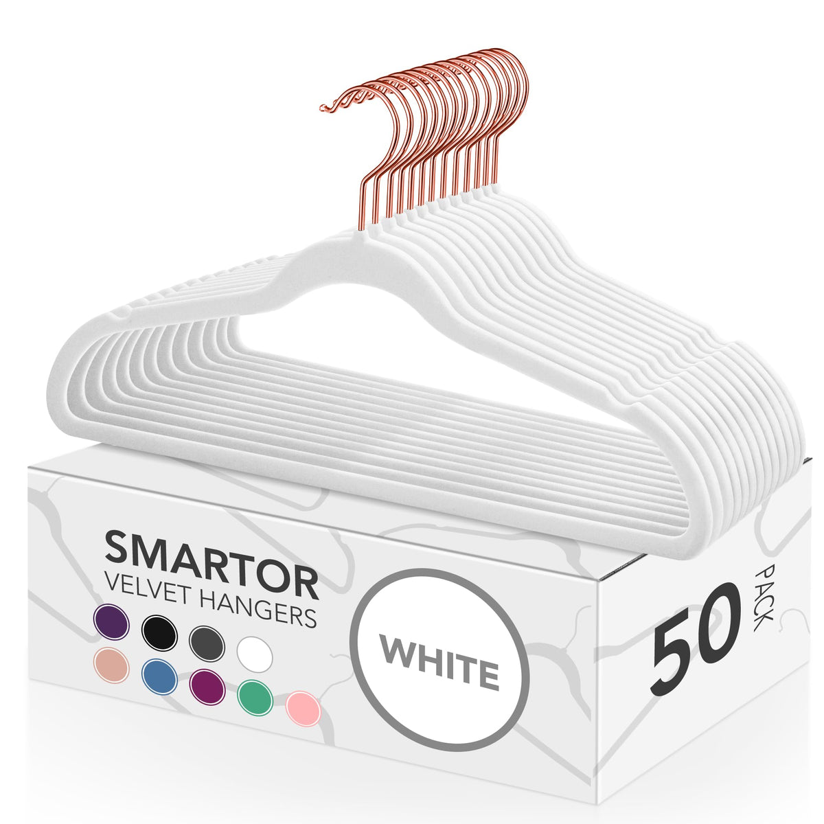 Smartor White Velvet Hangers - 50 Pack, Felt Hangers Non Slip With Rose Gold Hook, Heavy Duty Felt Hanger Flocked Hangers As Coa
