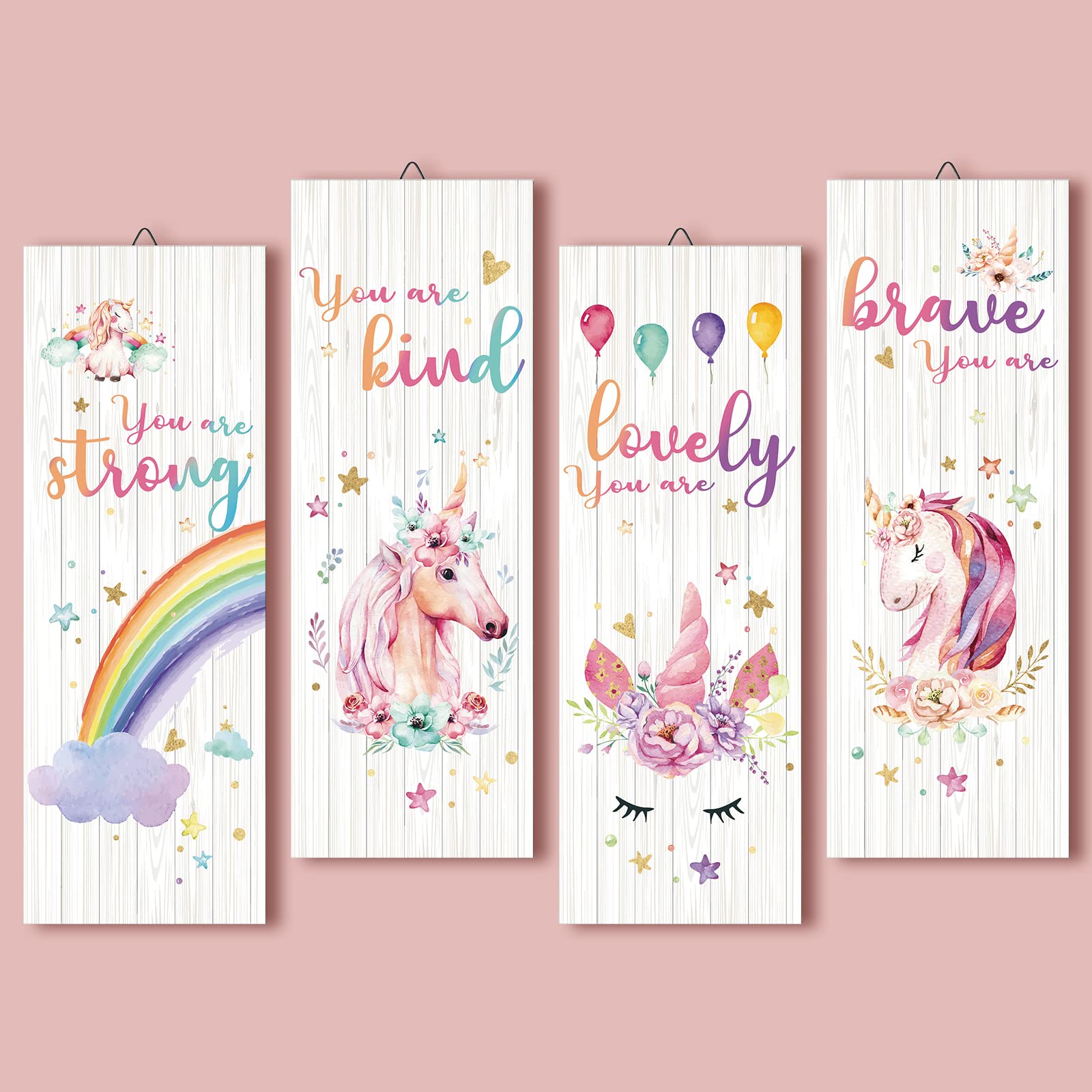 Chunful 4 Pcs Unicorn Rainbow Motivational Wall Hanging Sign for Girls Children Room Wall Art Inspirational Quotes Wood Unicorn 