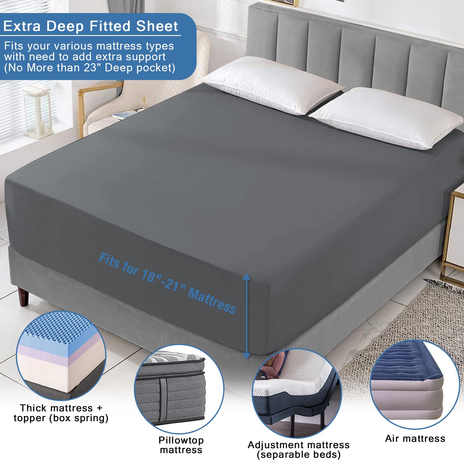 Bedecor Queen Fitted Sheet Only 21 inch Extra Deep Pocket Gray Bottom Bed Sheet  Soft Breathable Stay in Place for Pillow Top Mattress Thick Mattress
