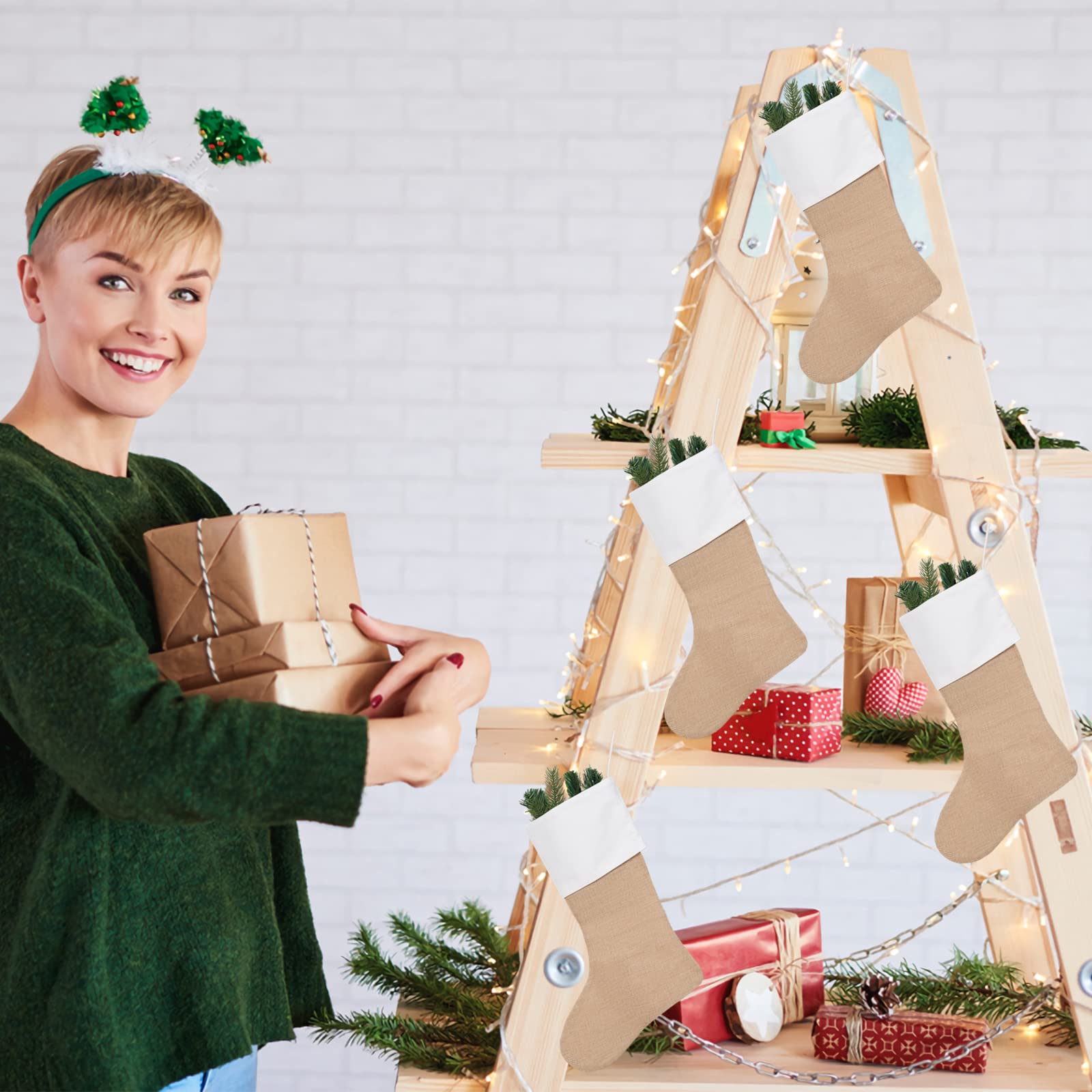 Kunyida 18 Burlap Christmas Stockings for Holiday Decor Plain,Pack 9