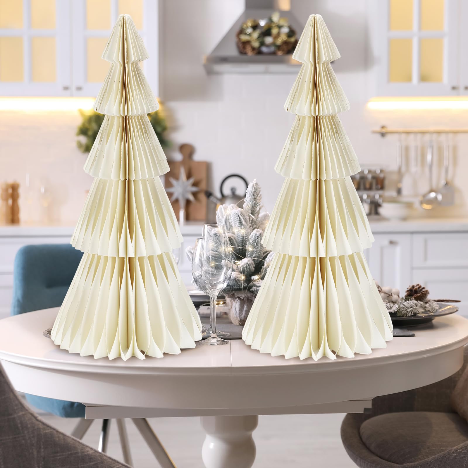 Motipuns 2 Pcs 20 Inch Large Paper Christmas Trees Decorations 3D White Honeycomb Neutral Christmas Trees Glitter Edge Magnetic