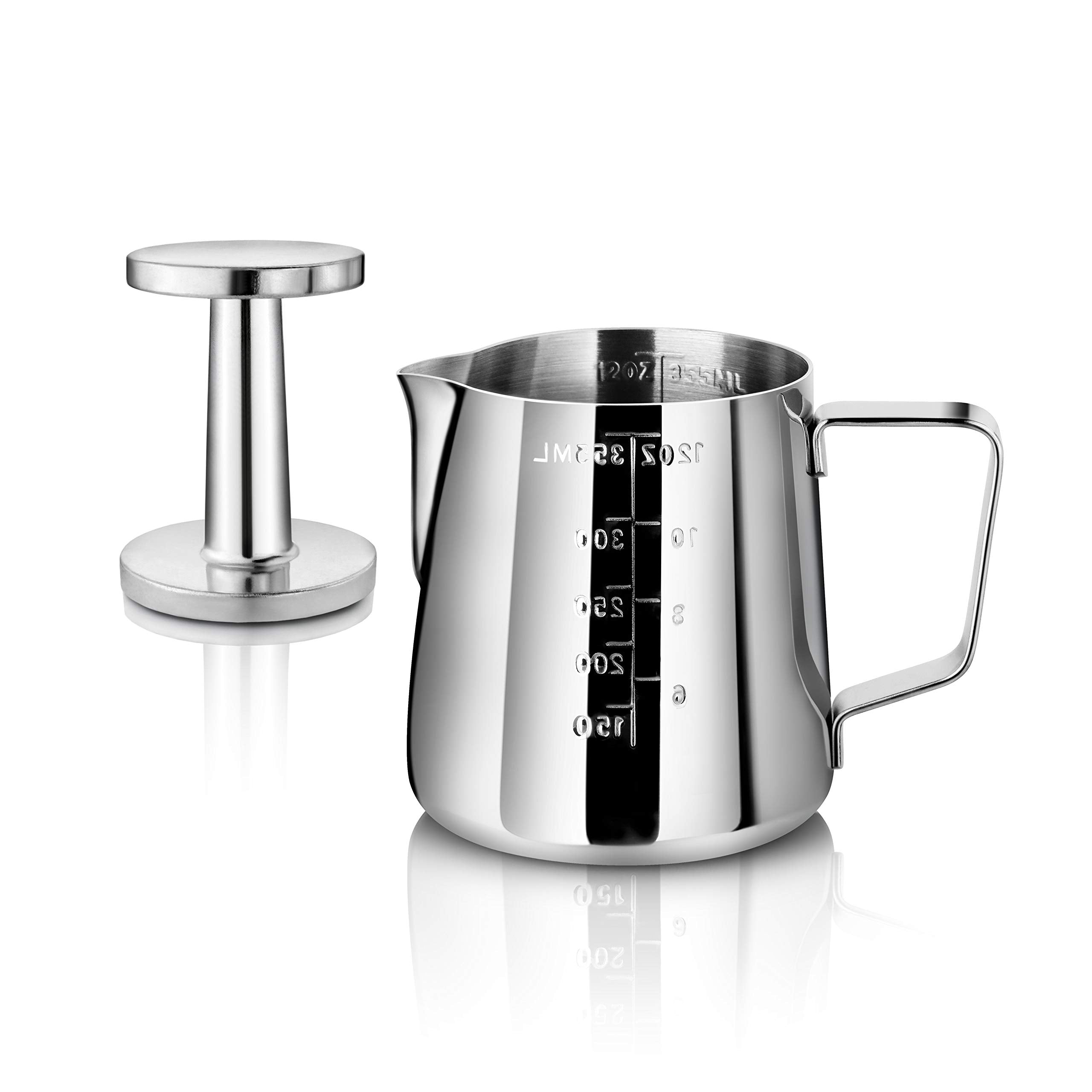 New Star Foodservice 28829 Commercial Grade Stainless Steel 18/8 12 Oz Frothing Pitcher And Die Cast Aluminum Tamper Combo Set,
