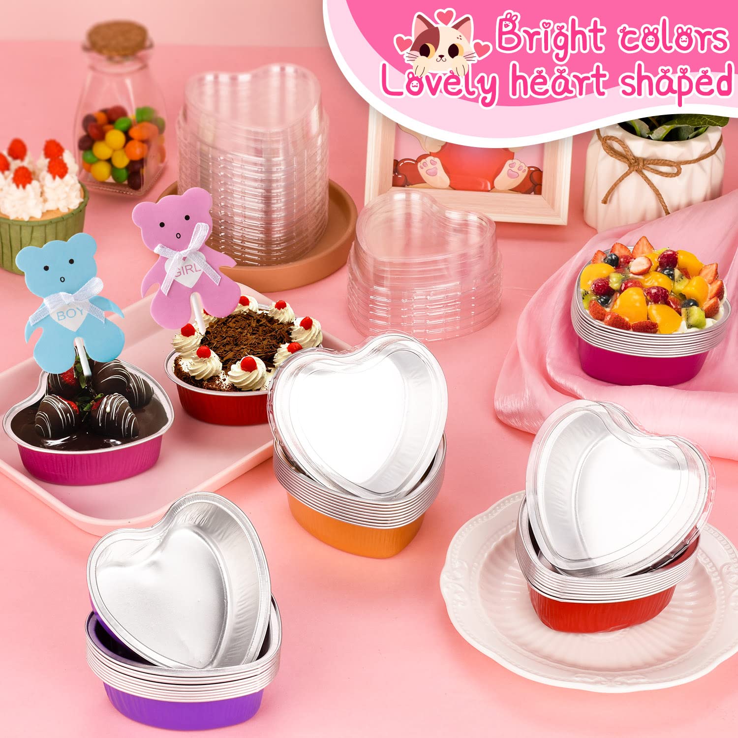 Ffniu Heart Shaped Aluminum Pans, 40 Packs Aluminum Heart Cake Pans With Lids For Baking, 3.4 Ounces/ 100 Ml Cupcake Cup Pan Bak