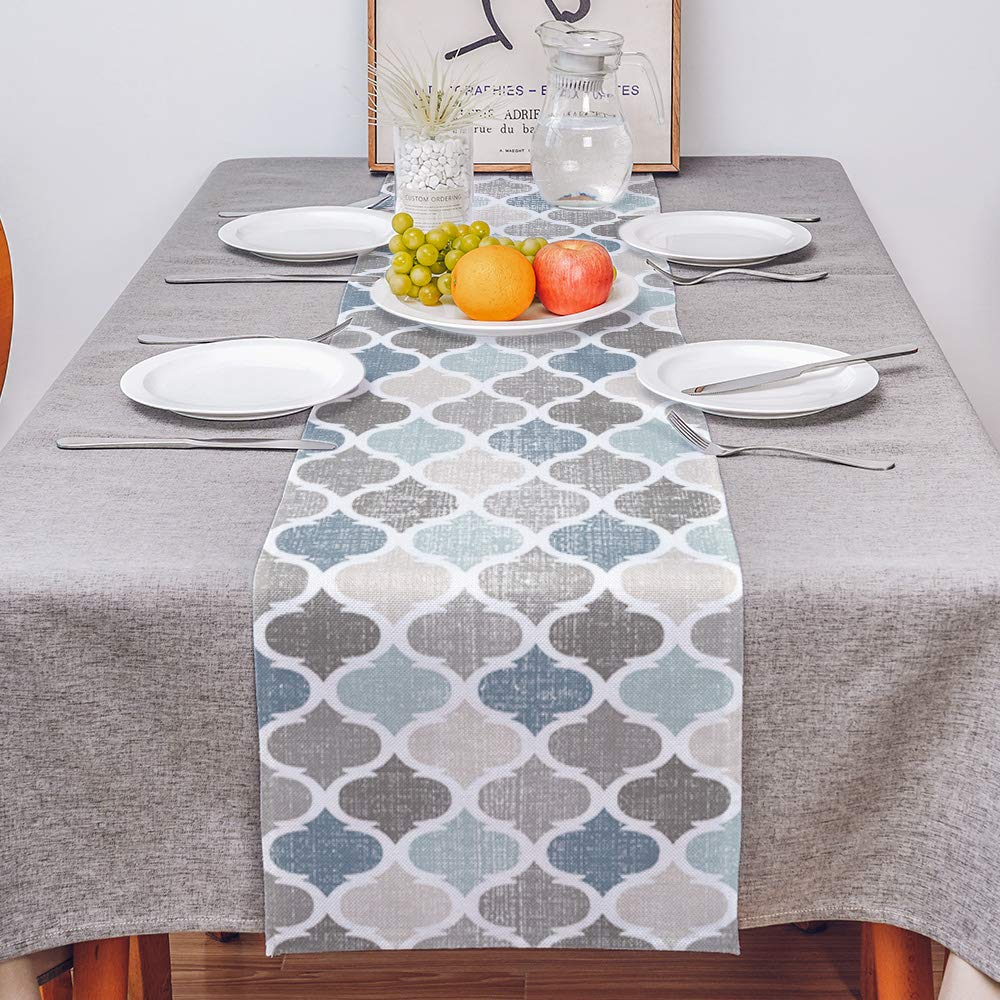 Moroccan Table Runner-Cotton Linen-Long 72 Inche Geometric Quatrefoil Lattice Dresser Scarves,Kitchen Coffee/Dining Farmhouse Ta