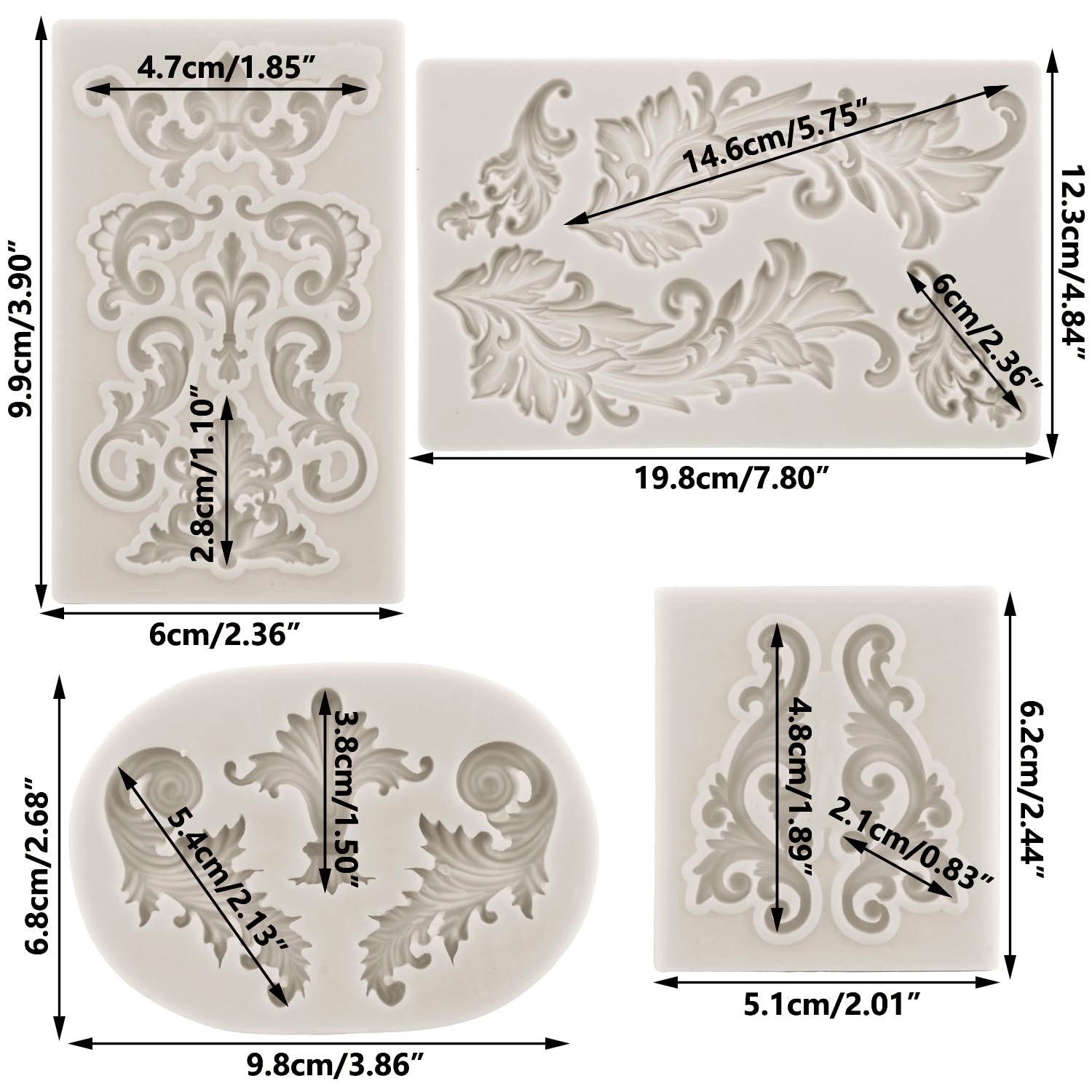 Sijiangmold Feather Silicone Molds Baroque Fondant Mold Curlicues Scroll Lace Molds Relief Flower Mold Filigree Mold For 3D Scul
