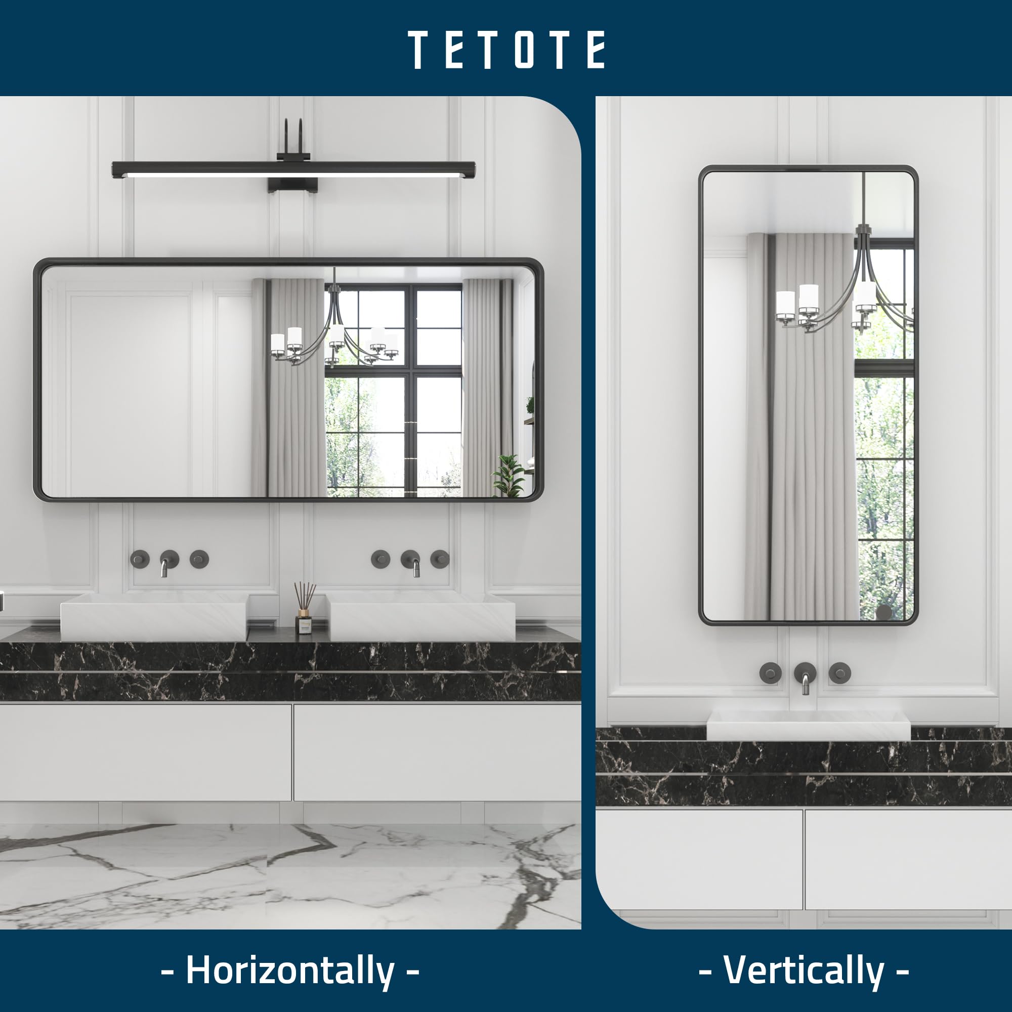Tetote 48 X 24 Inch Black Frame Mirror, Bathroom Vanity Mirror For Wall, Modern Rectangle Round Corner Matte Framed Mirror (Hori