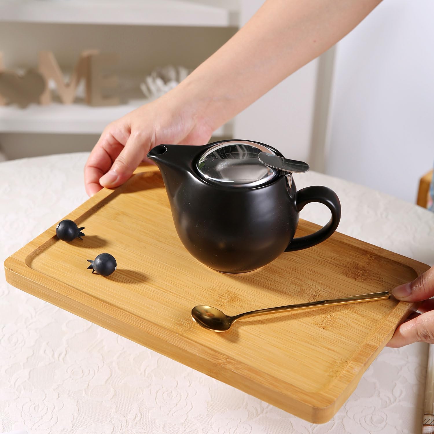 Auxmeware - Small Ceramic Teapot With Stainless Steel Infuser, Heat Resistant, Perfect Tea Maker, Black, 350Ml/12.0Oz