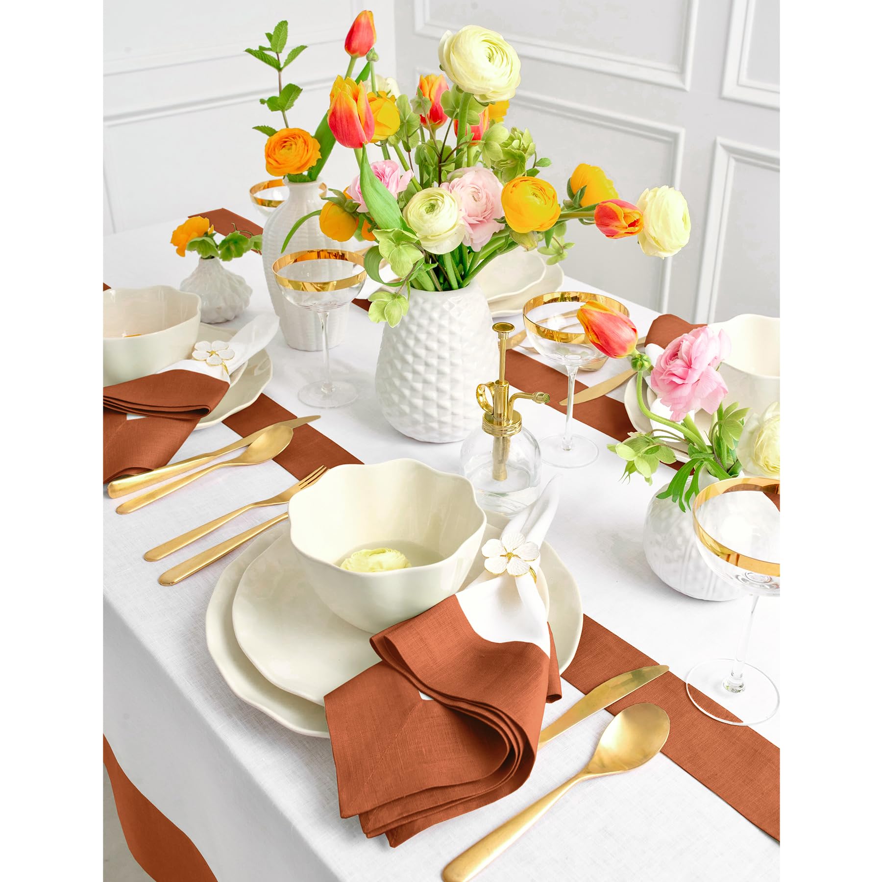 Solino Home Linen Placemats Set Of 4-100% Pure Linen Cloth Fabric Placemats Cinnamon And White - 19'' L X 14'' W Inch Washable D