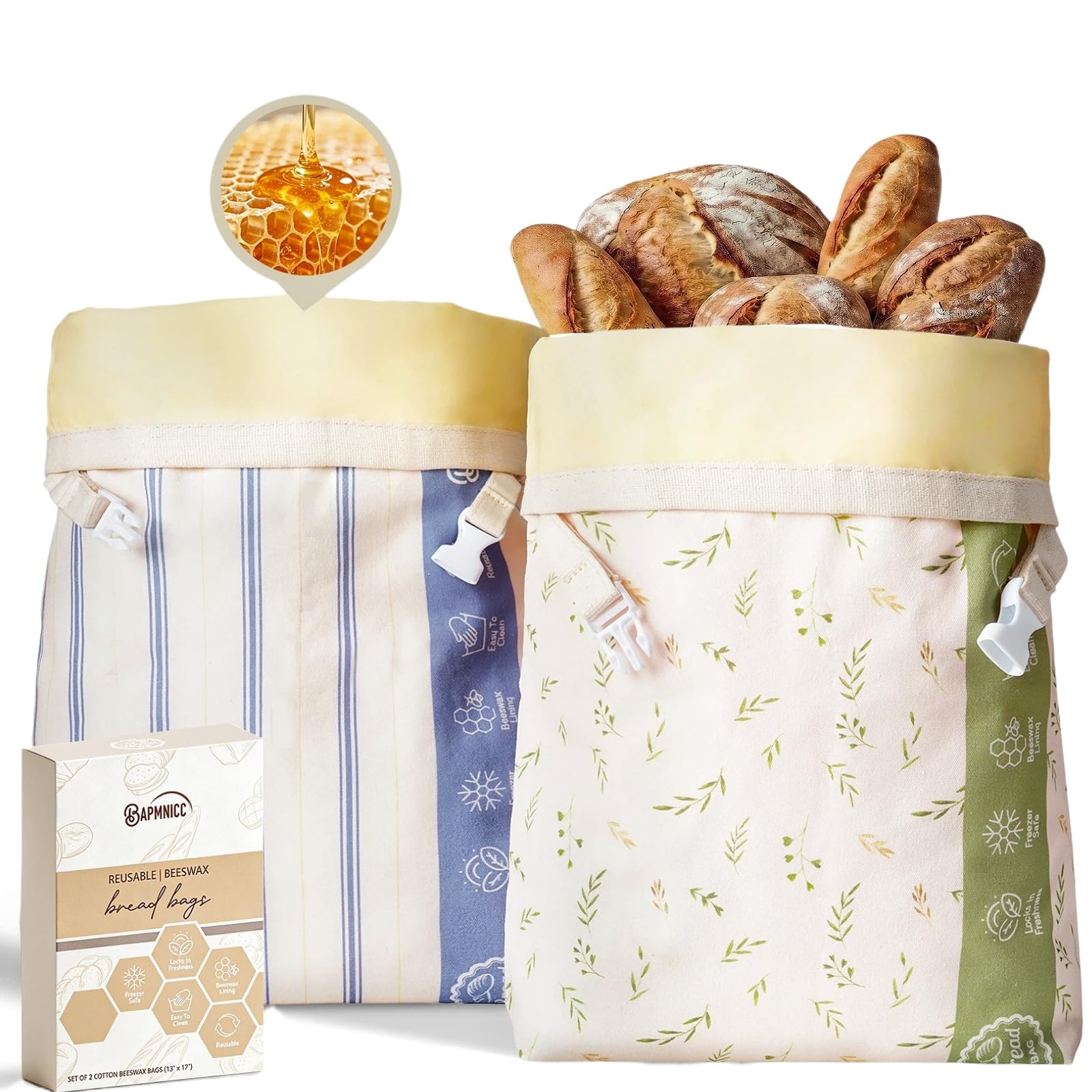 Tyzarglef Reusable Beeswax Bread Bags, 2 Pack 17X13 Inch BeeswaxLined Cotton Bags For Sourdough & Homemade Bread, Freezer Safe 