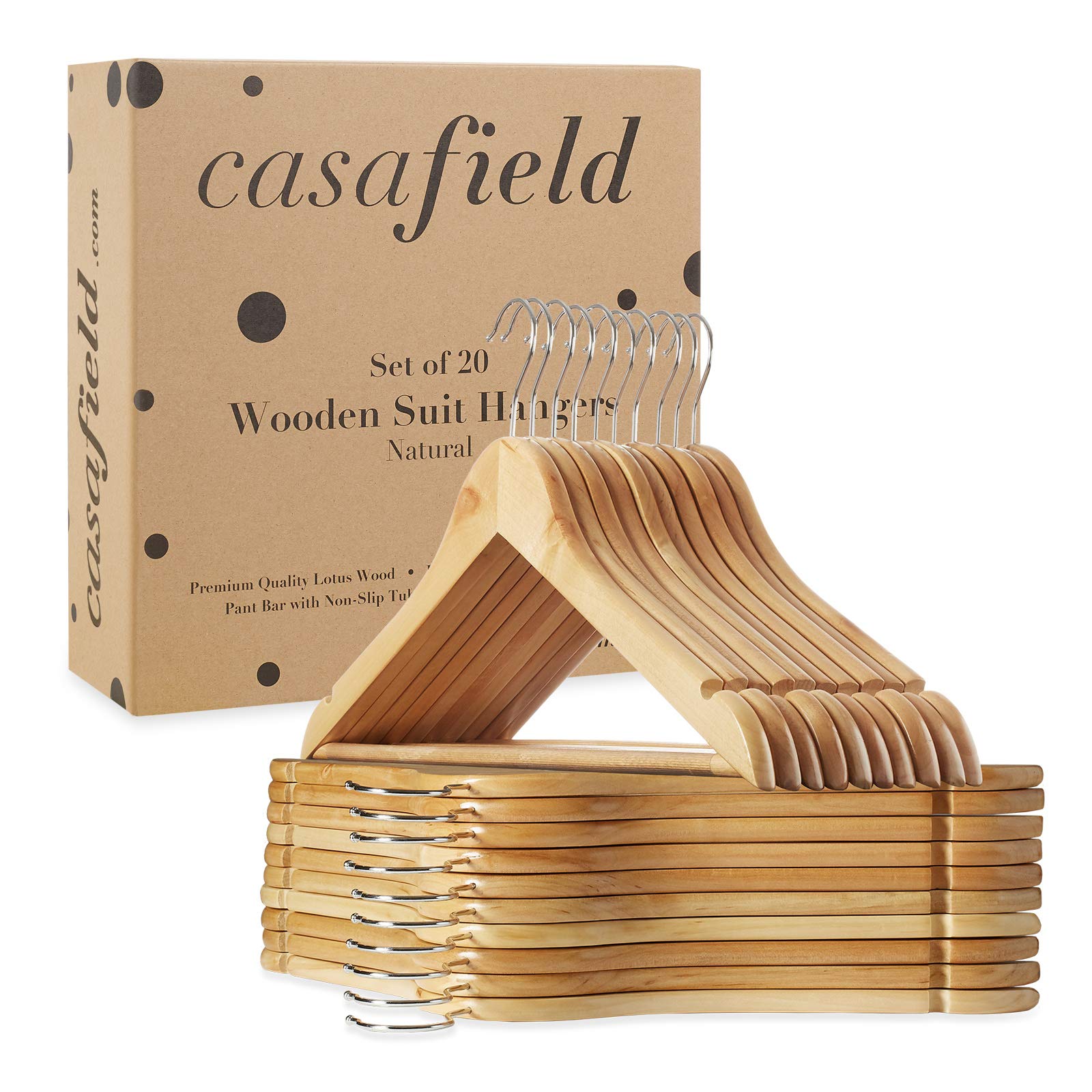 Casafield - 20 Natural Wooden Suit Hangers - Premium Lotus Wood with Notches & Chrome Swivel Hook for Dress Clothes  Coats  Jackets  Pants  Shirts  Skirts