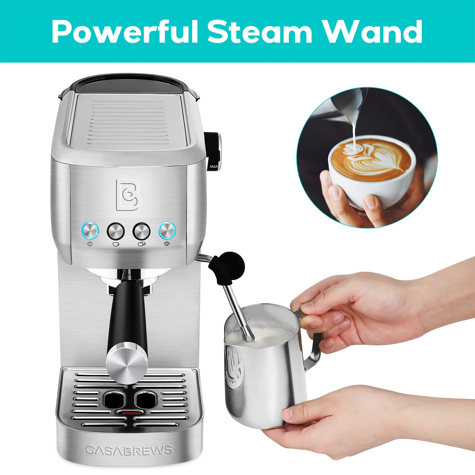 CASABREWS Espresso Machine 20 Bar  Professional Espresso Maker Cappuccino Machine with Steam Milk Frother  Stainless Steel Espresso Coffee Machine with 49oz Removable Water Tank  Gift for Dad Mom