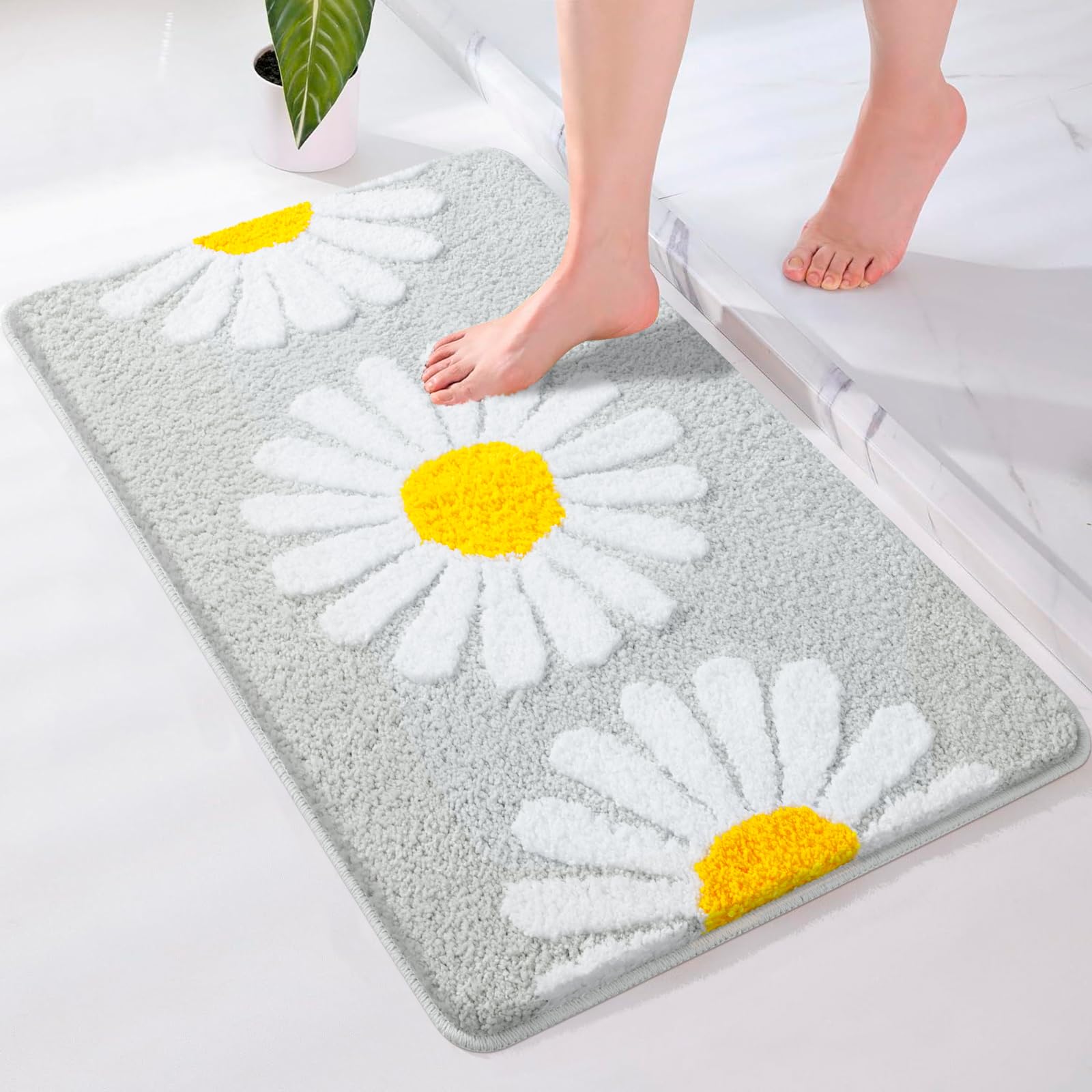 Sunhop Light Grey Bathroom Rugs, Cute Flower Daisy Bath Mat, Extra Soft And Absorbent Microfiber Non-Slip Bath Rug, Bath Mats Fo