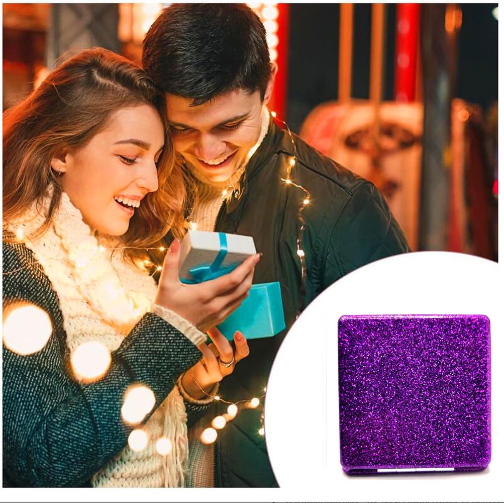 Mpowtech Square Purple Compact Mirror For Women,Small Magnifying Travel Mirror With Glitter,Portable 2 X 1X Magnification Foldin