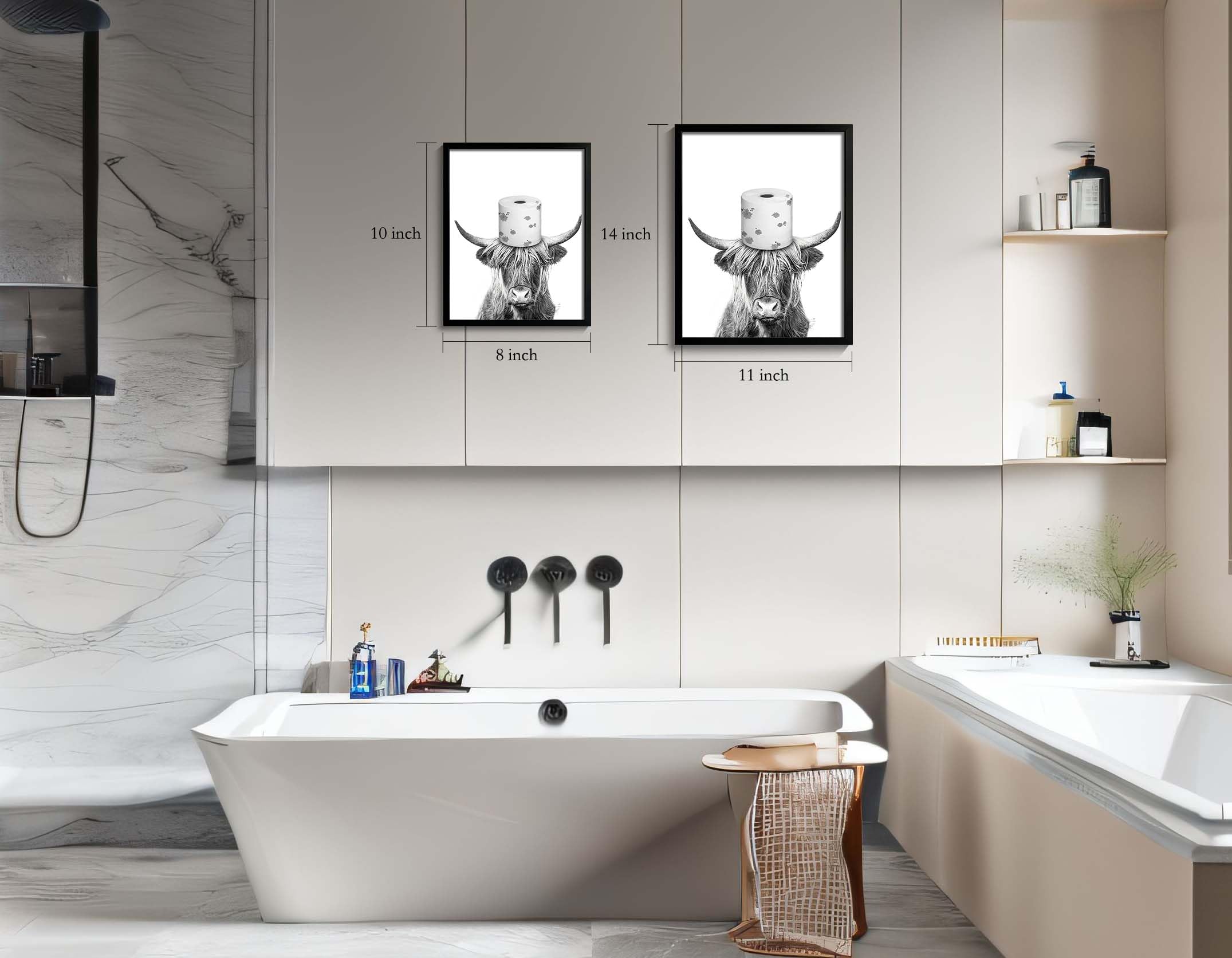 Black And White Highland Cow Wall Art, Framed Funny Bathroom Wall Decor, Cute Highland Cow Canvas Print, Funny Kid'S Room Decor