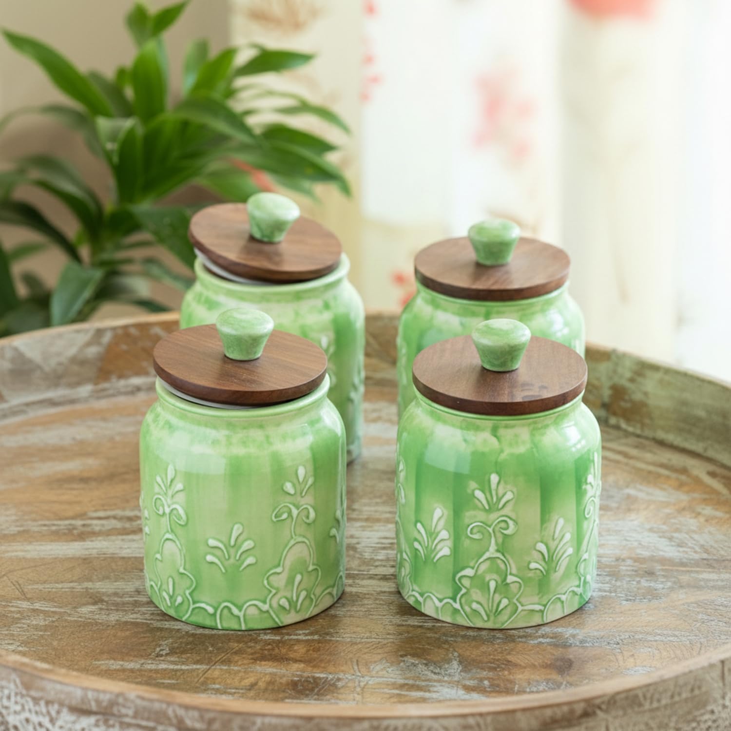 Exclusivelane Green Keepers Airtight Ceramic Jars For Kitchen Storage (Set Of 4, Each Jar Capacity : 390 Ml, 13.5 Cm) | Cerami