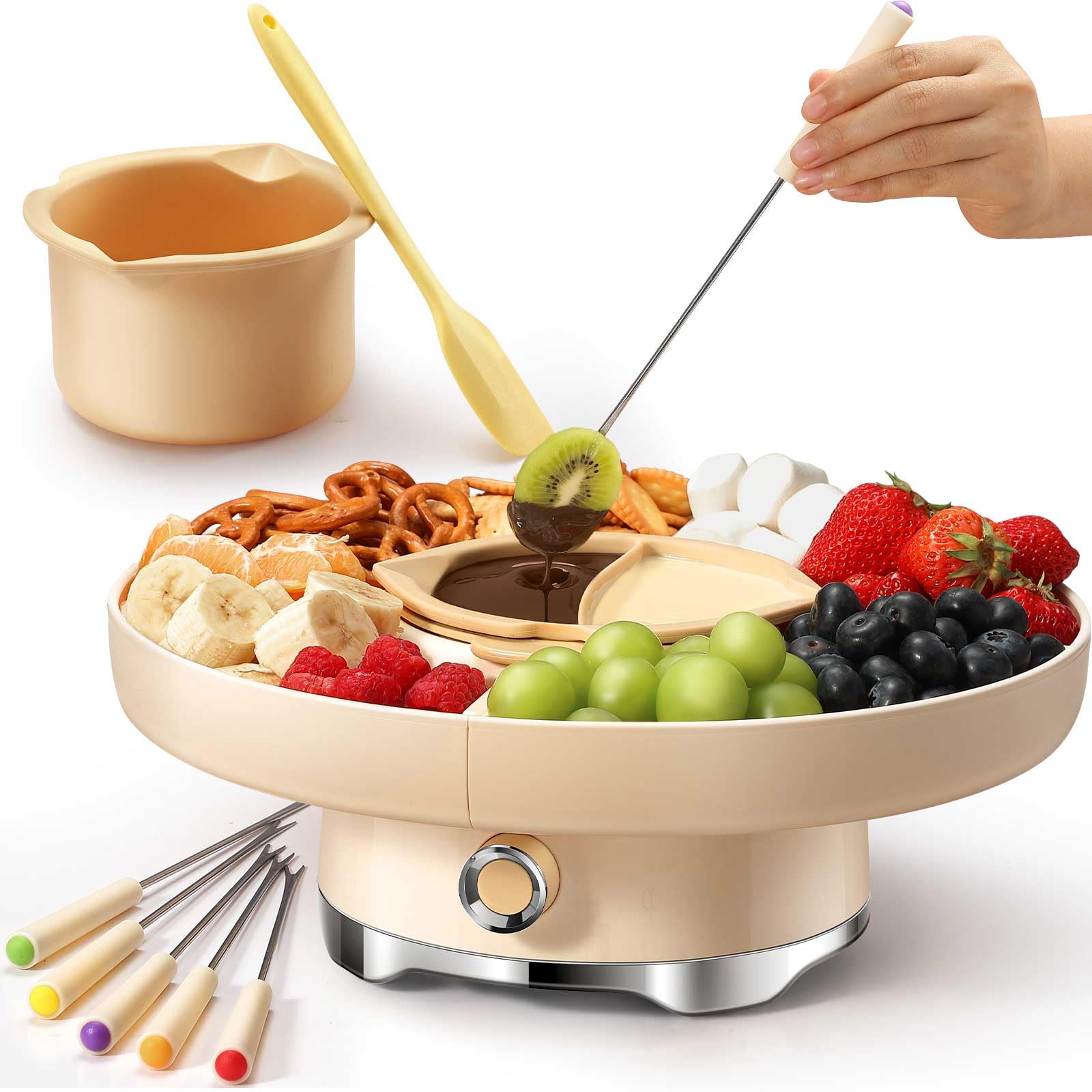 LUSHYUM Chocolate Fondue Pot Set Electric Melting Machine, 4-Cup Capacity 4 Trays 5 Forks 1 Spatula Cheese Warmer, Ideal Gift fo