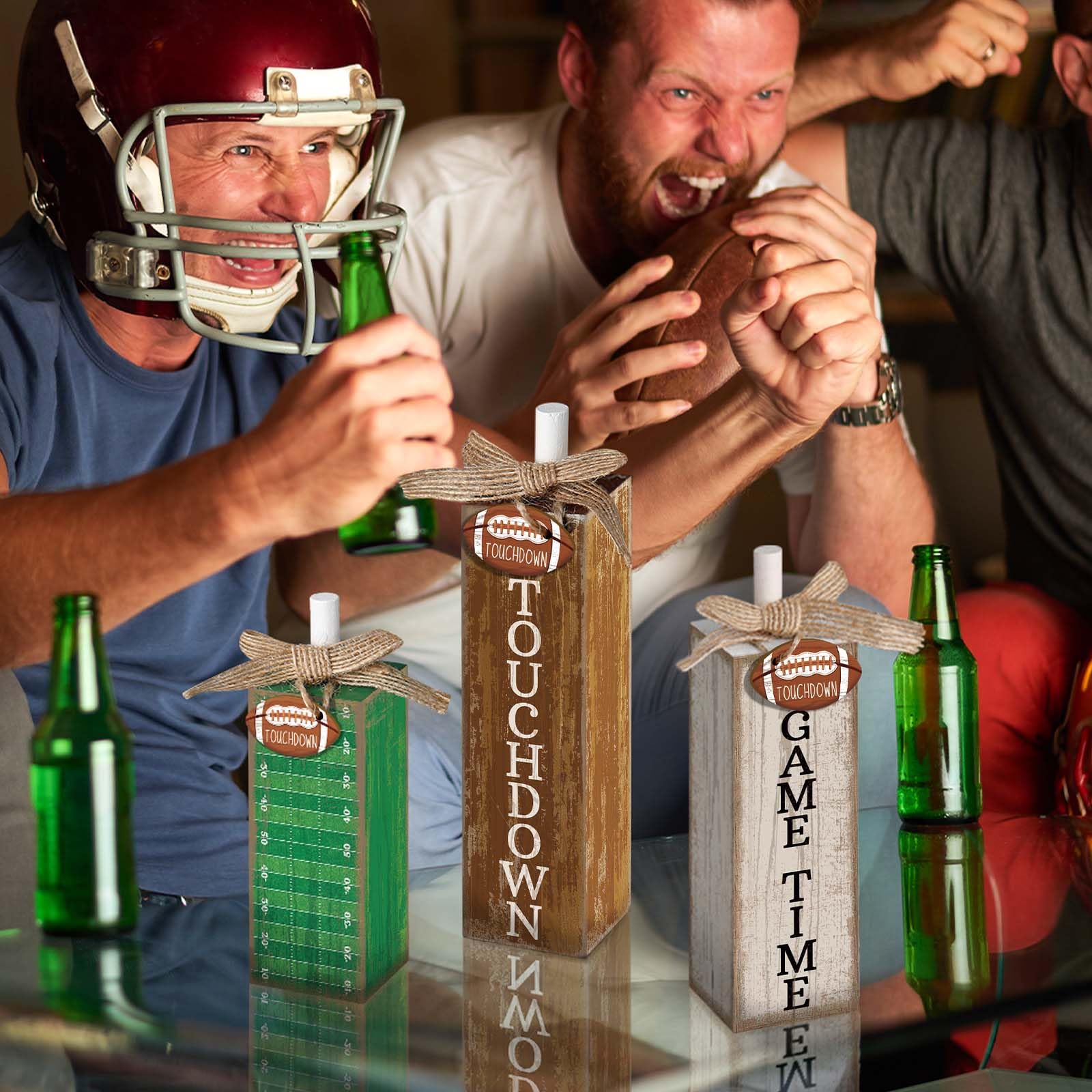 Yousoontic 3 Pcs Football Table Decorations Football Tiered Tray Decor Sport Game Centerpiece Touchdown Block Sign Gift for Fans