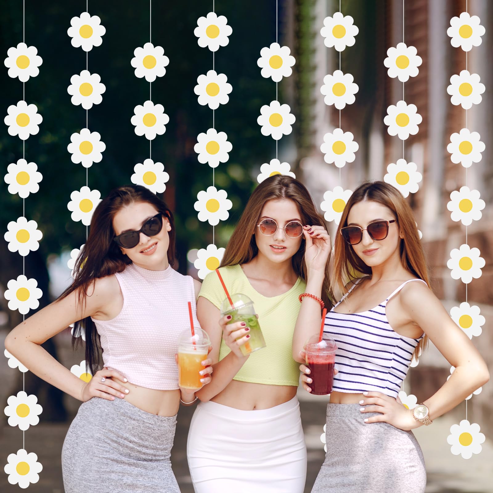 Pasimy 8 Pcs Daisy Boho Party Decorations Groovy Daisy Paper Garlands White Flower Hanging Garland Banner Hippie Flower Cutouts