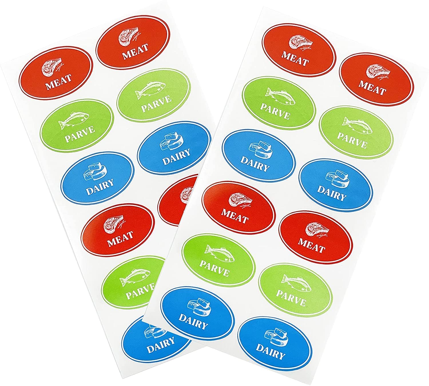 The Dreidel Company Assorted Kosher Labels, 16 Blue Dairy, 16 Red Meat, 16 Green Parve Stickers, Oven Proof Up To 500, Freezable