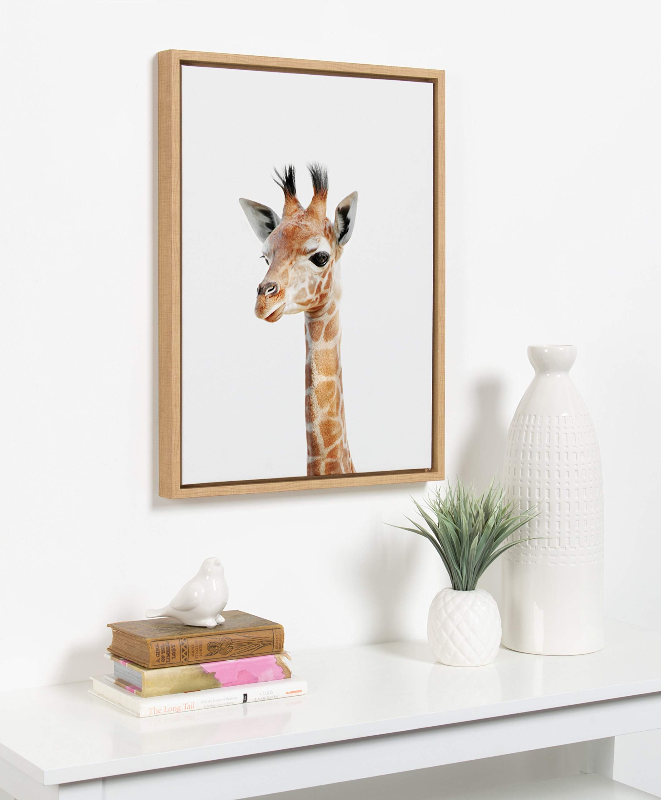 Kate And Laurel Sylvie Baby Giraffe Animal Print Portrait Framed Canvas Wall Art By Amy Peterson, 18X24 Natural