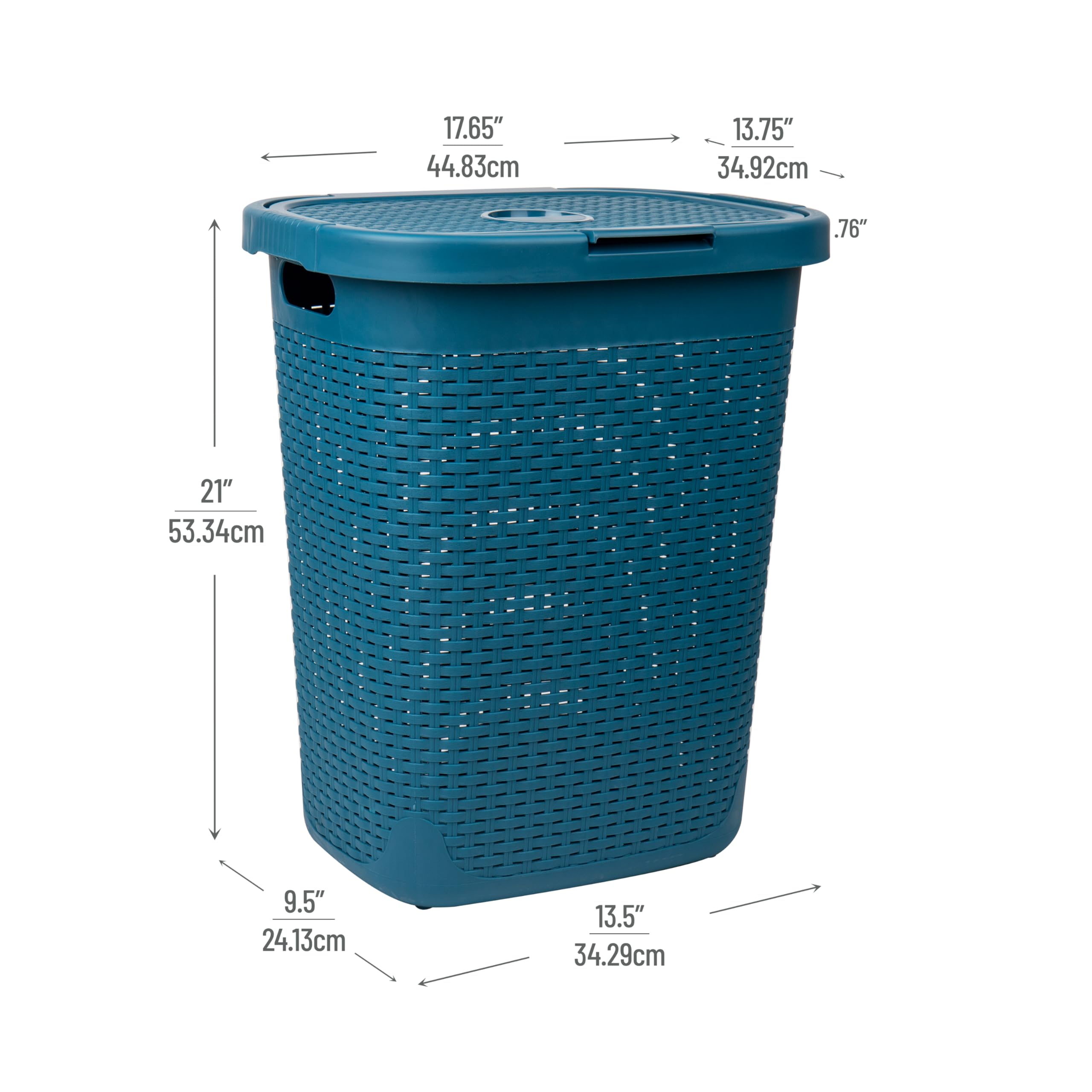 Mind Reader 50L Slim Laundry Hamper, Clothes Basket, Lid, Wicker Design, Plastic, 17.65''L X 13.75''W X 21''H, Blue