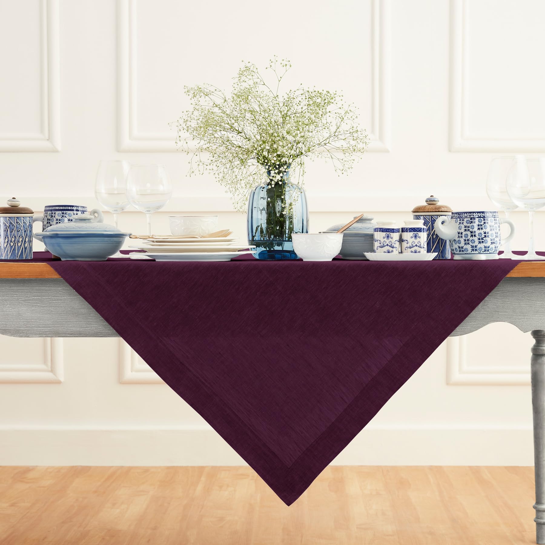 Solino Home Linen Tablecloth 52 X 52 Inch - Chambray Burgundy 100% Pure Linen Table Throw For Spring, Easter - Handcrafted And M