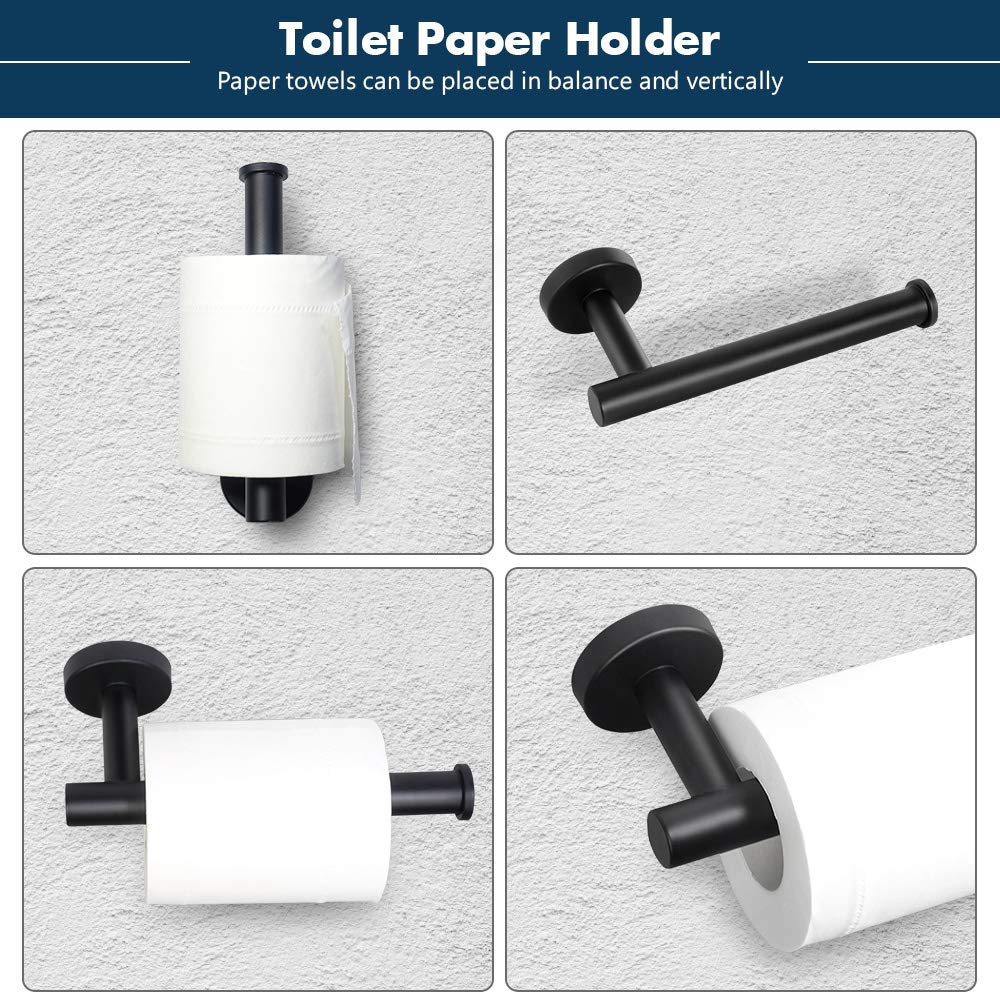 TocTen 5 PCS Bathroom Hardware Set SUS304 Stainless Steel-Towel Rack Set Include Lengthen Hand Towel Bar+Toilet Paper Holder+3 Robe Towel Hooks Bathroom Accessories Towel Bar Set (Matte Black  16IN)