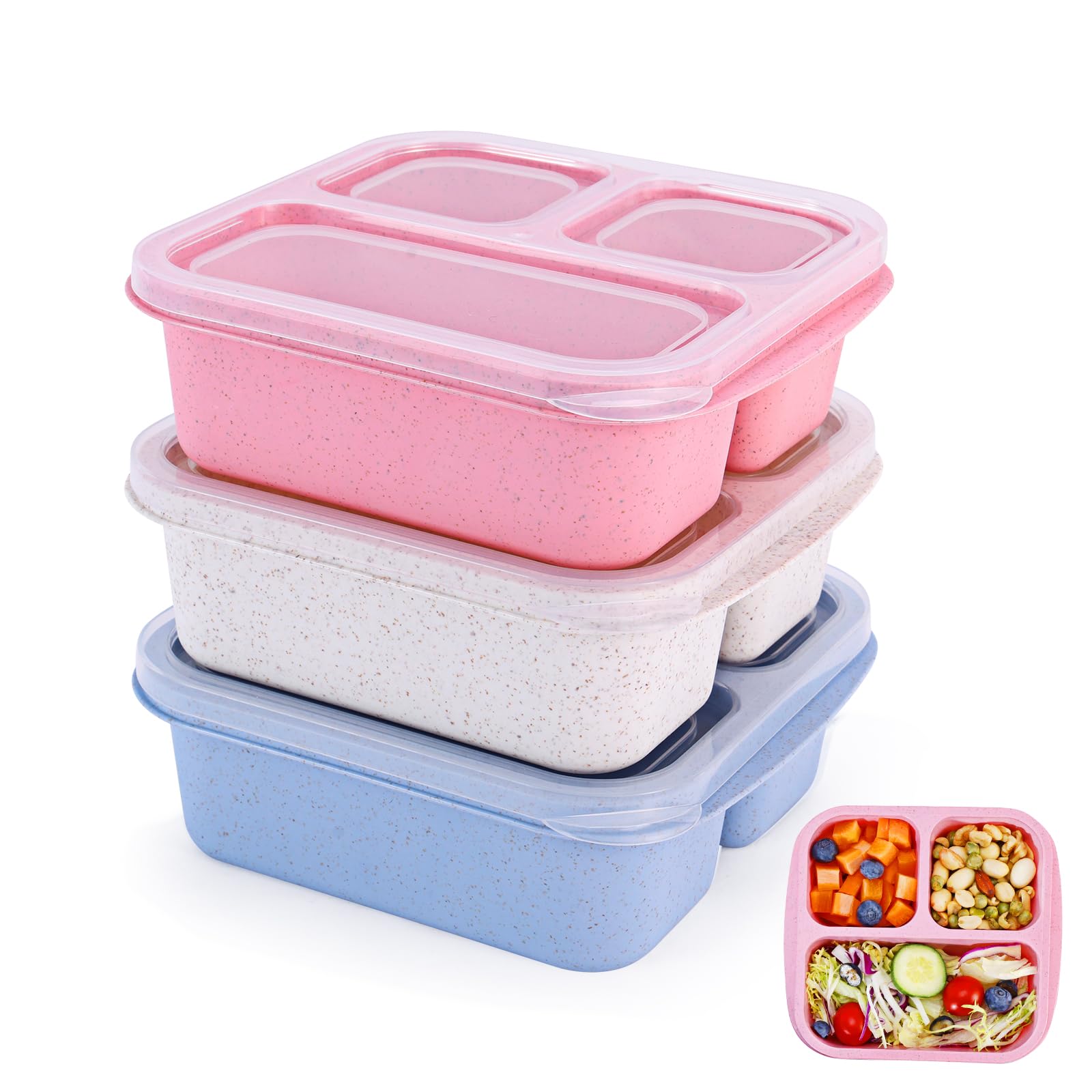 Rinwoc Bento Box [Portion Size], 3 Pack Snack Containers with 3 Compartments for Meal Prep & OntheGo [School, Travel], Lunchab