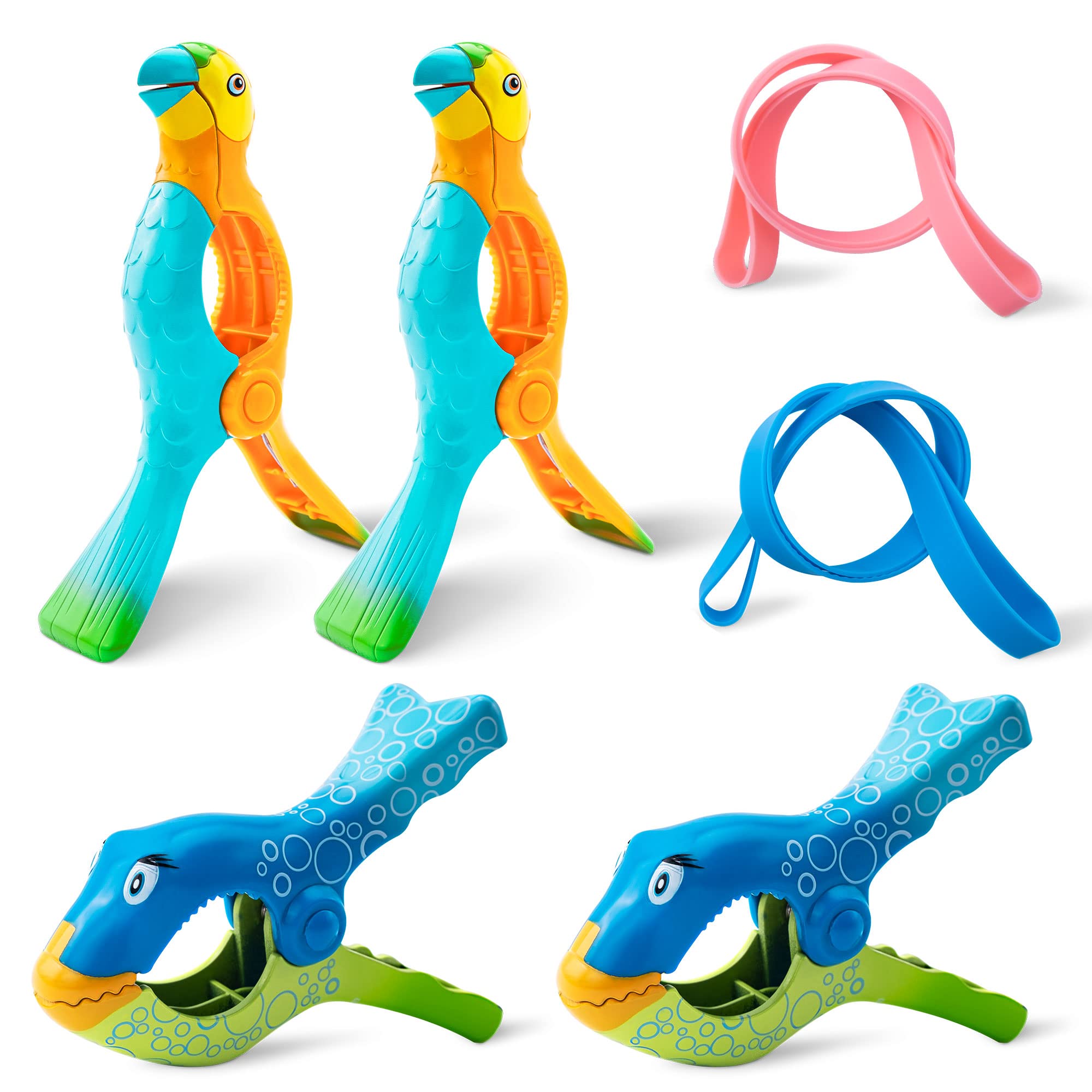 4 Pack Parrot Fish Beach Towel Clips Plus 2 Pack Beach Towel Bands, Towel Holder For Beach Chairs Jumbo Size Windproof Clothespi