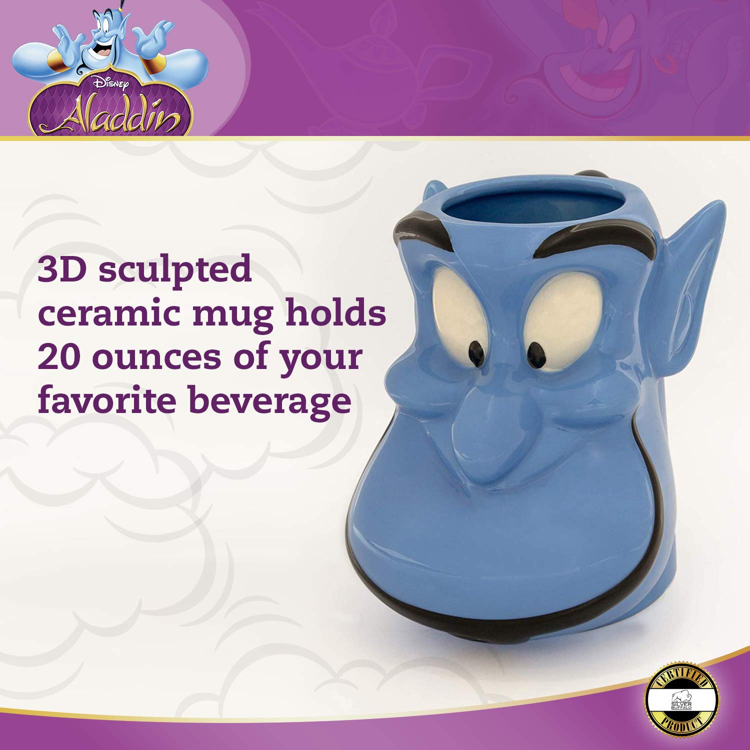 Silver Buffalo Disney Aladdin Genie Ceramic 3D Sculpted Mug, 22 Ounces