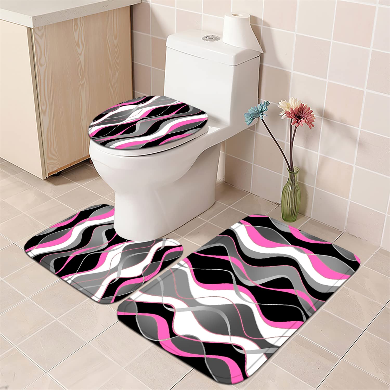 Nkzply 4 Pcs Pink And Black Striped Shower Curtain Set Grey And White Bathroom Sets With Shower Curtain And Rugs Modern Home Bat