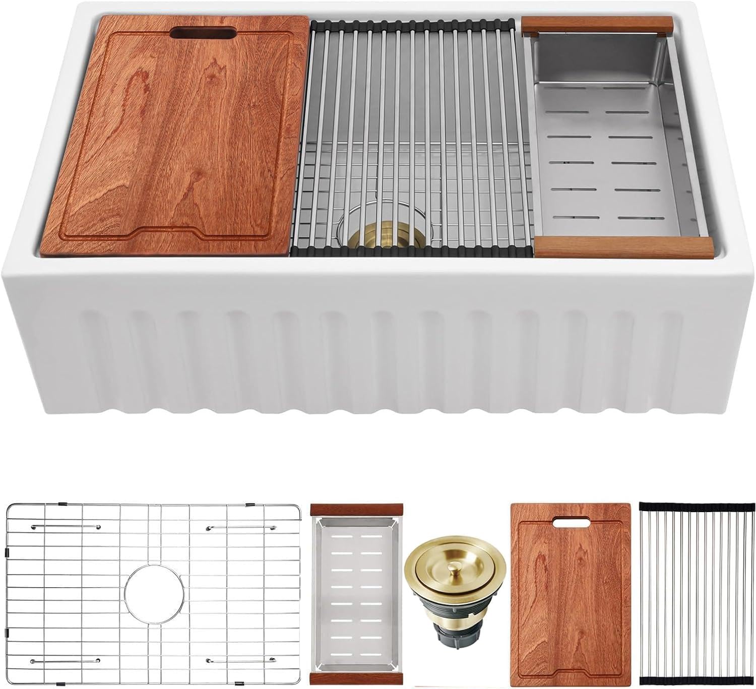 Lordear White Farmhouse Sink 33 Inch Workstation Apron Front Flat Fireclay 33x20 Porcelain Ceramic Single Bowl Farmer Sink Farm 
