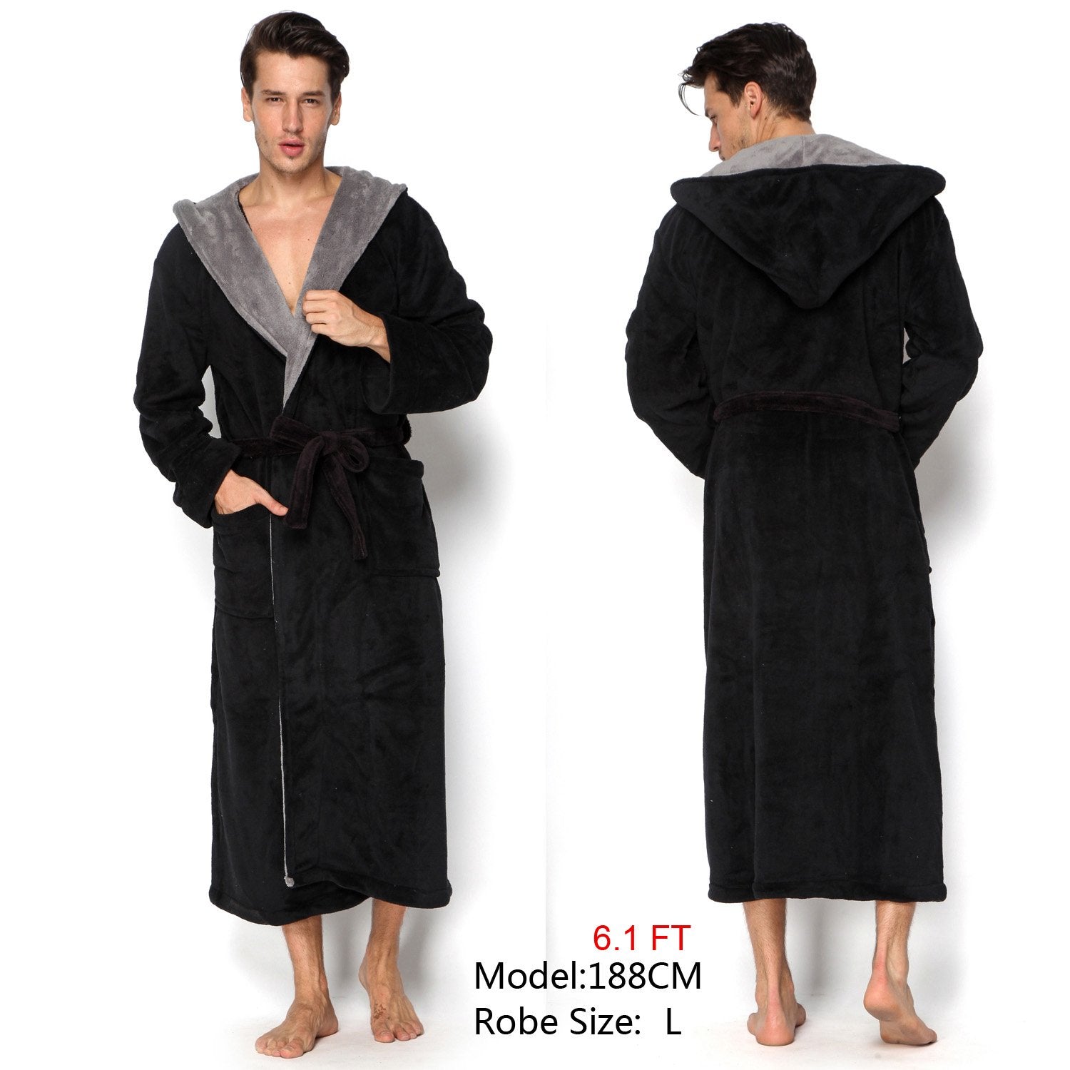 Kemusi Hooded Herringbone Mens Black Soft Spa Full Lenght Bathrobe With Grey Kimono Shawl Collar(M)
