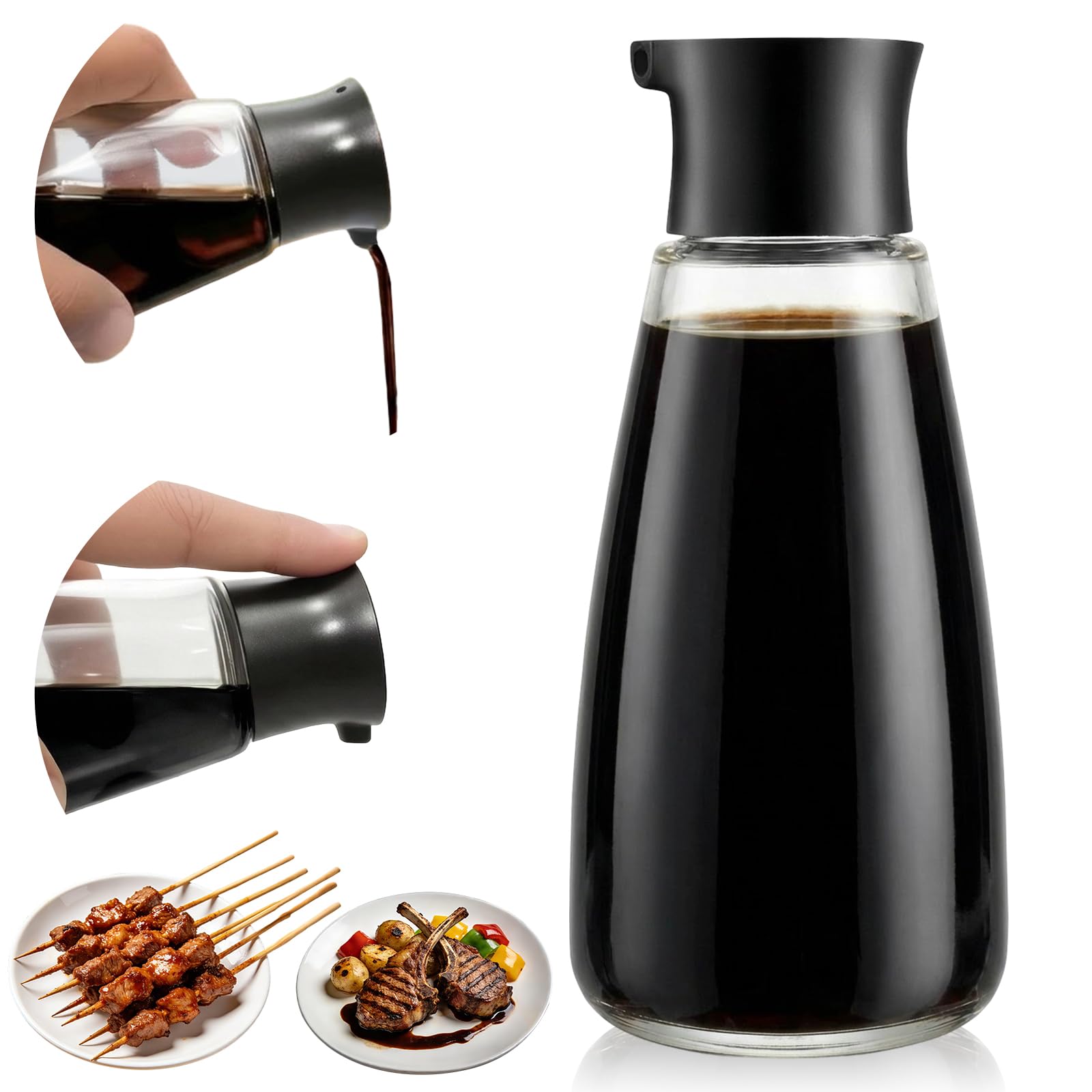 Chefs Precision Pour Glass Oil & Vinegar Cruet, 9.6oz Kitchen Glass Soy Sauce Dispenser Bottle with Dripless Spout & Vacuum Pour