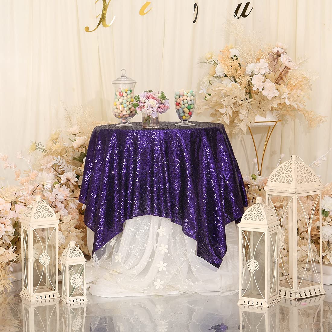 Partydelight Sequin Tablecloth, Sequin Table Overlay Square, 50''X50'', Purple