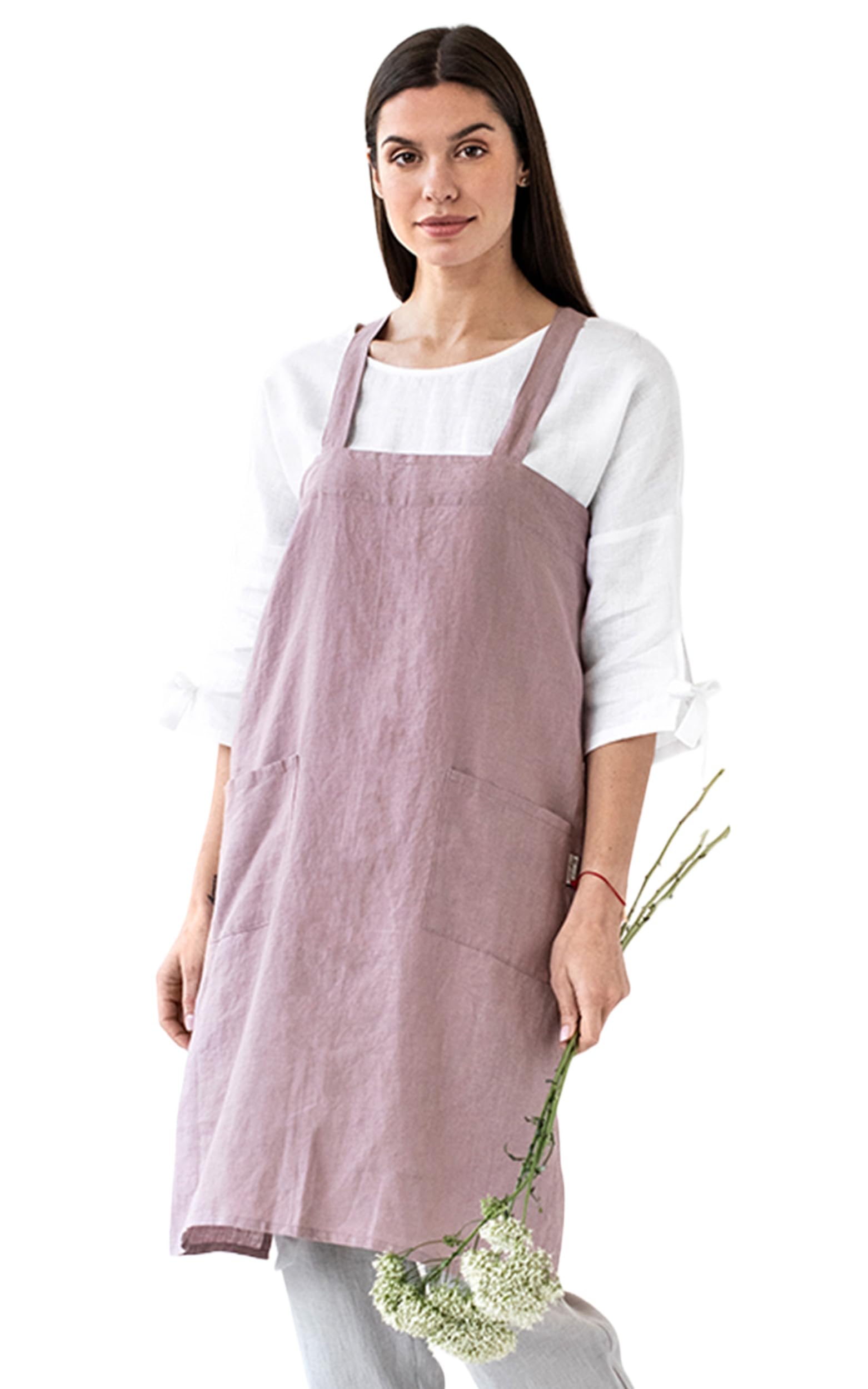 Magiclinen 100% Linen Apron - Japanese Cross Back Apron With Pockets For Women And Men - Pinafore Style, Pink, Xxl