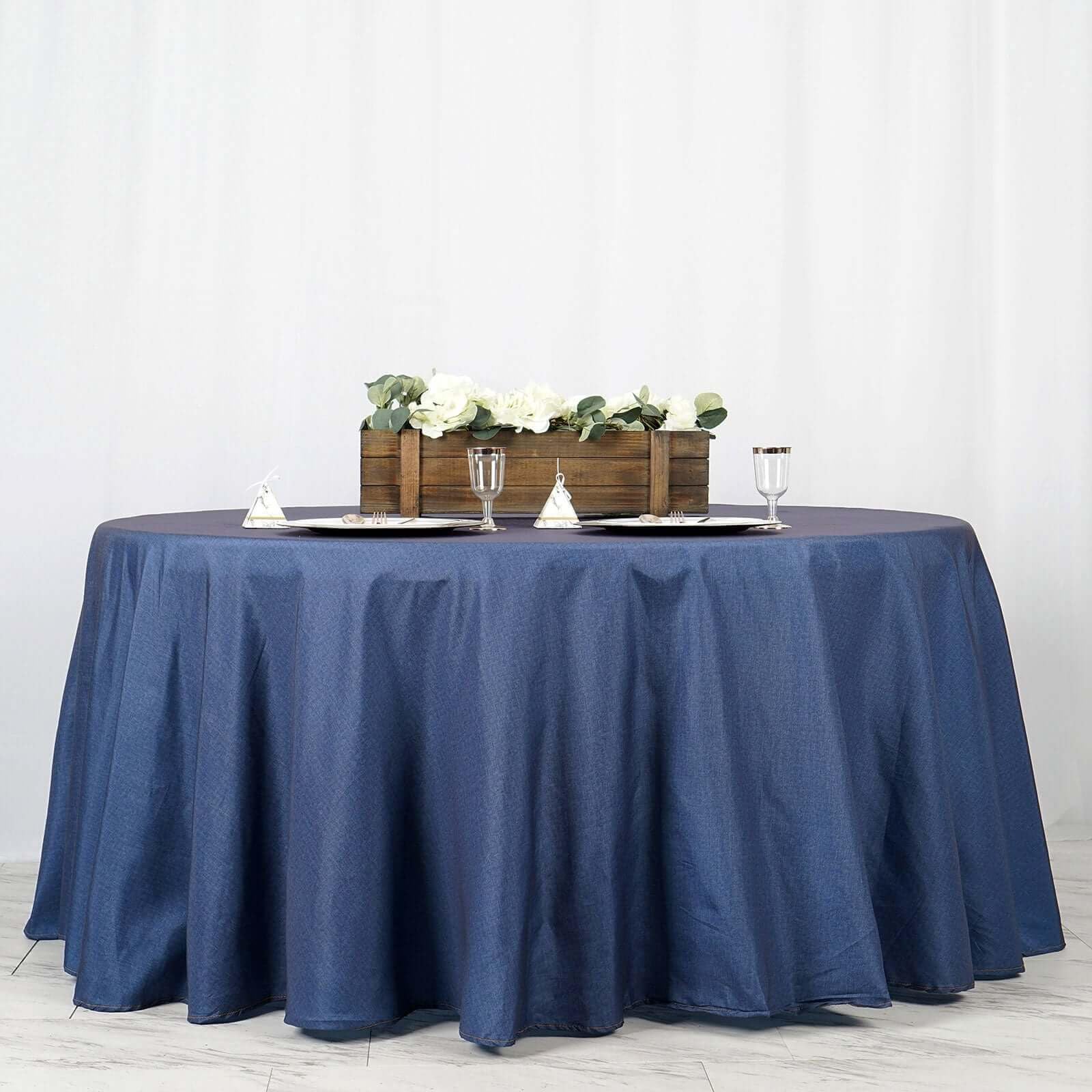 Efavormart 120'' Dark Blue Faux Denim Polyester Round Tablecloth For Wedding Party Banquet Restaurant