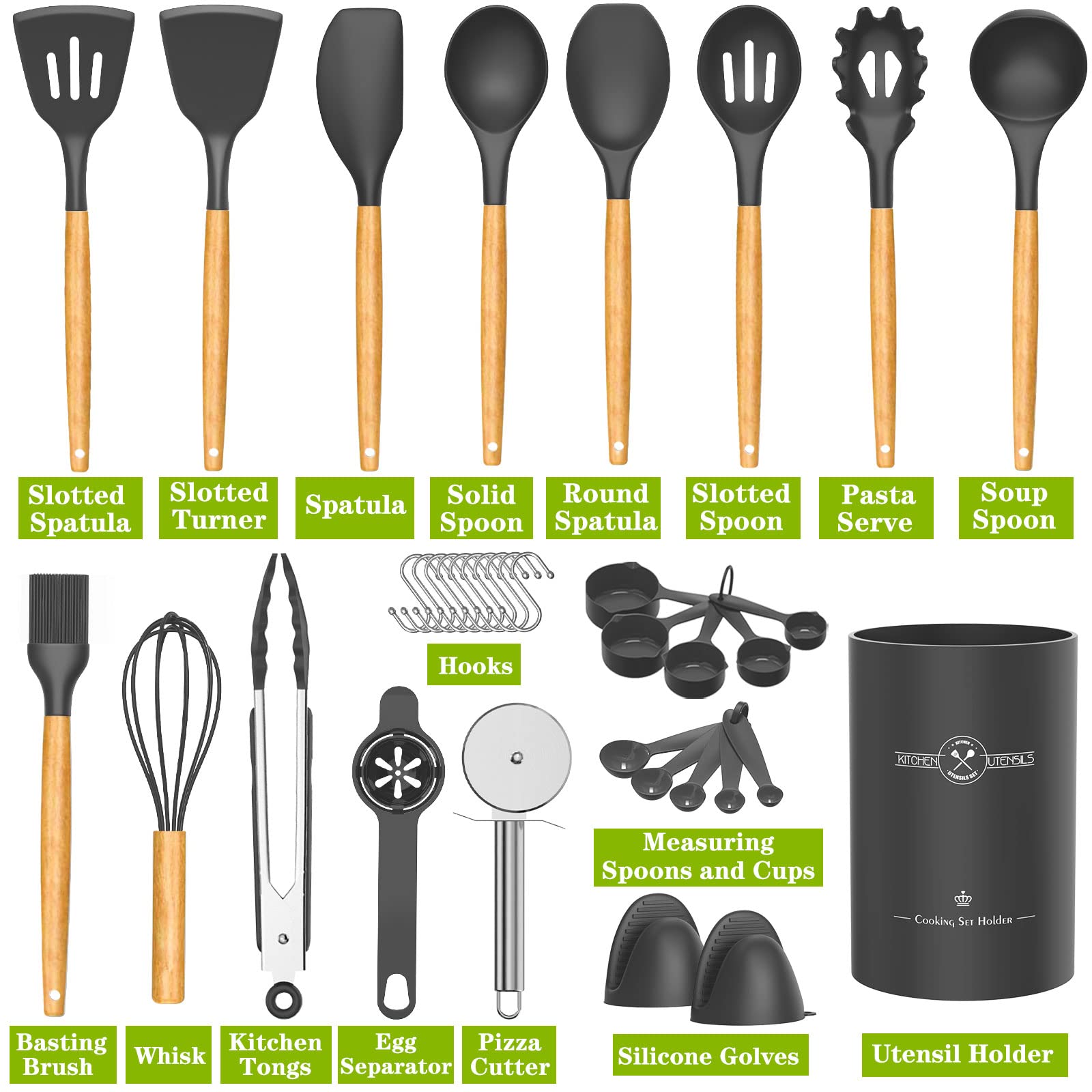 Umite Chef 36Pcs Silicone Kitchen Cooking Utensils With Holder, Heat Resistant Cooking Utensils Sets Wooden Handle, Nonstick Kit
