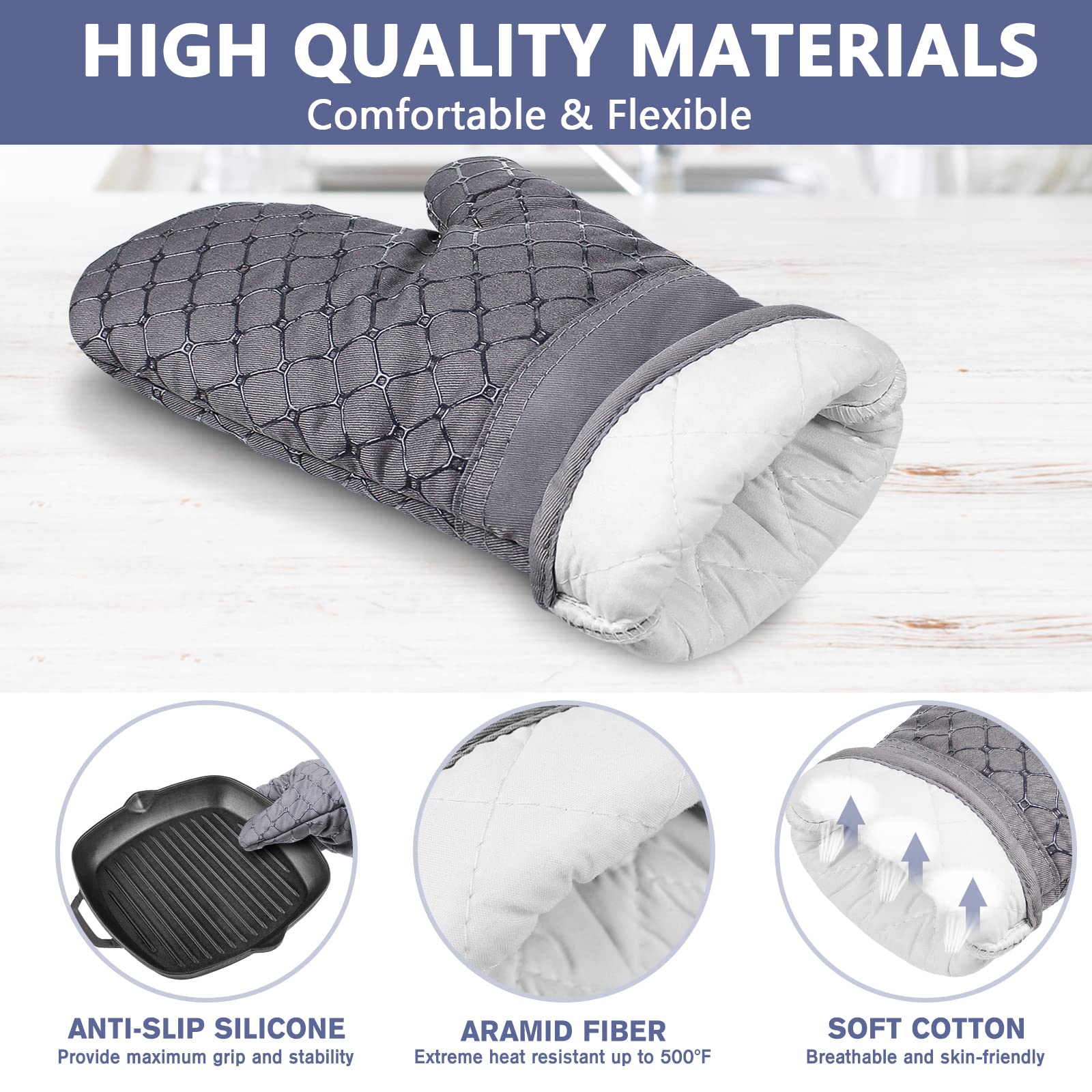 Ixo 6Pcs Oven Mitts And Pot Holders, 500? Heat Resistant Oven Mitts With Kitchen Towels Soft Cotton Lining And Non-Slip Silicone